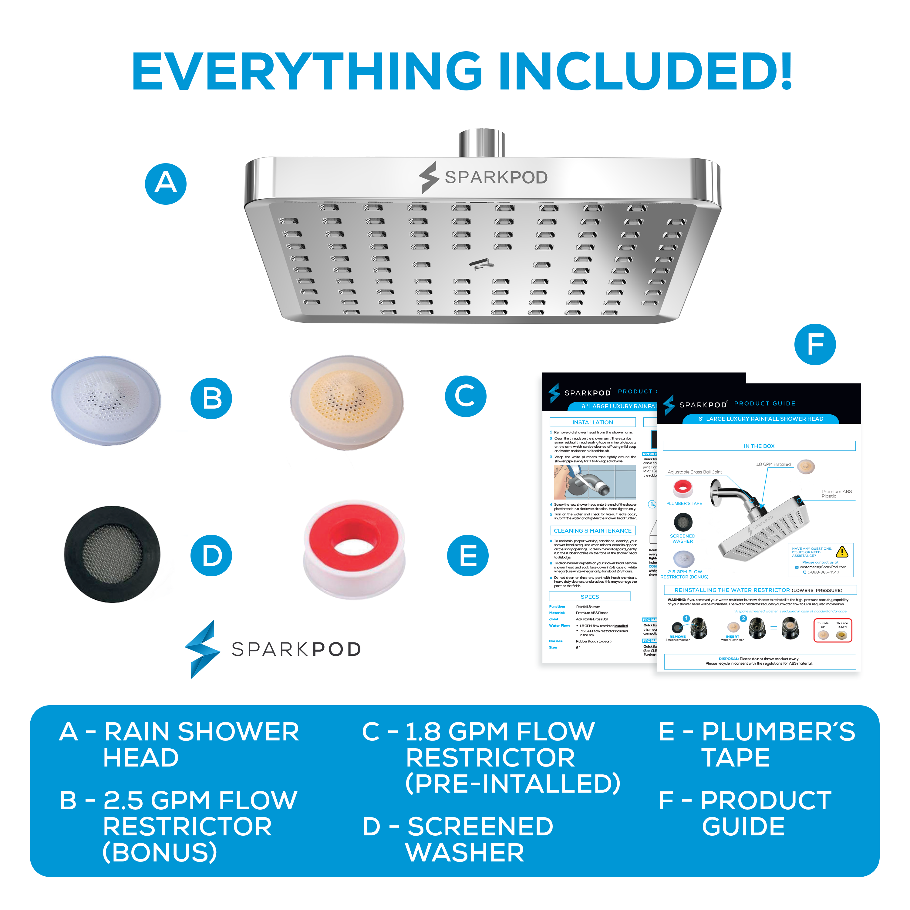 6" Square Rainfall Shower Head