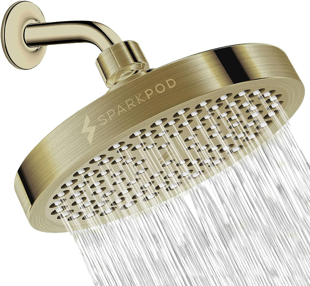 SparkPod Shower Head - High Pressure Rain - Luxury Modern Look - Tool-less 1-Min Installation - (Polished Antique Brass, 6 Inch Round)