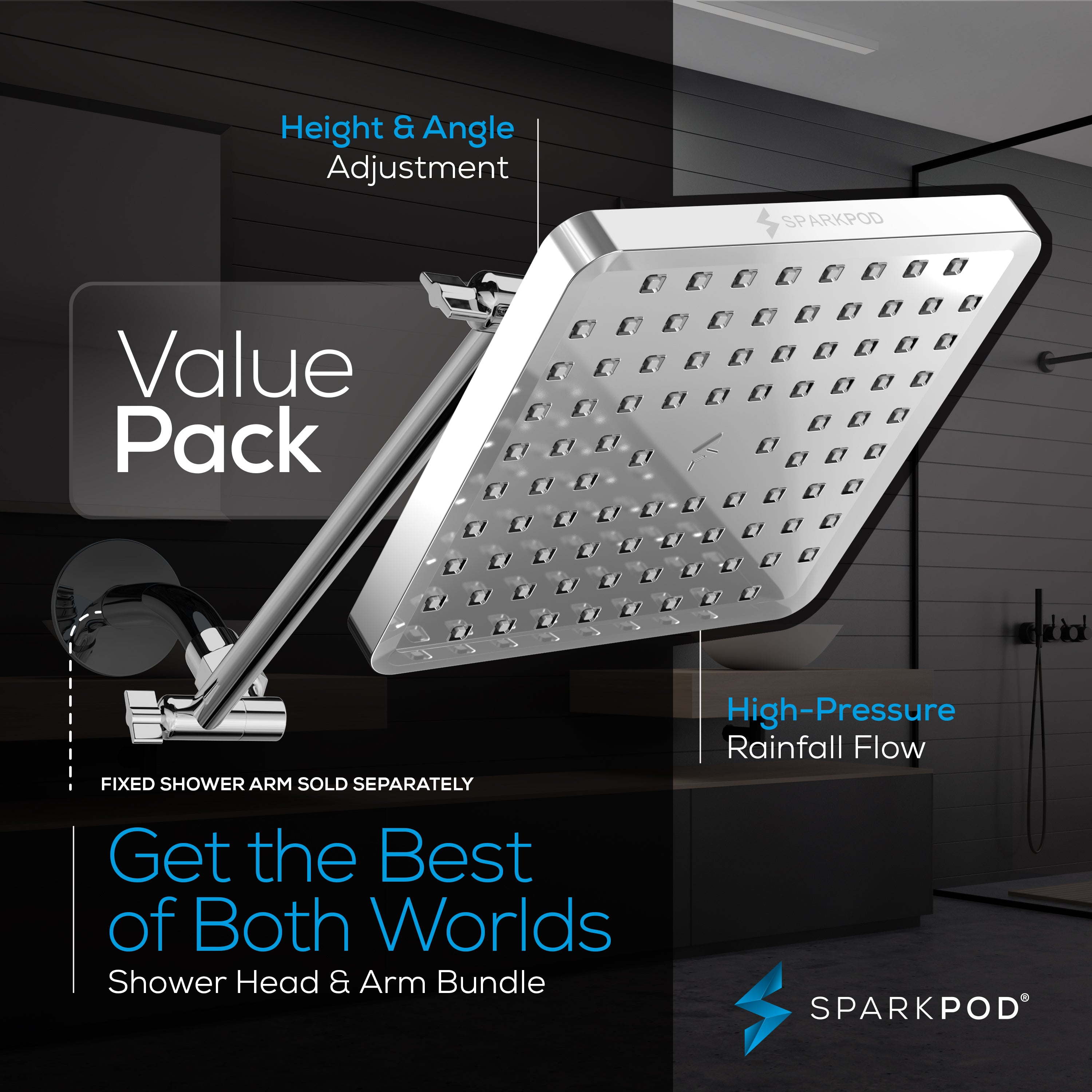 8” Square Rain Shower Head + 11” Shower Arm Extension