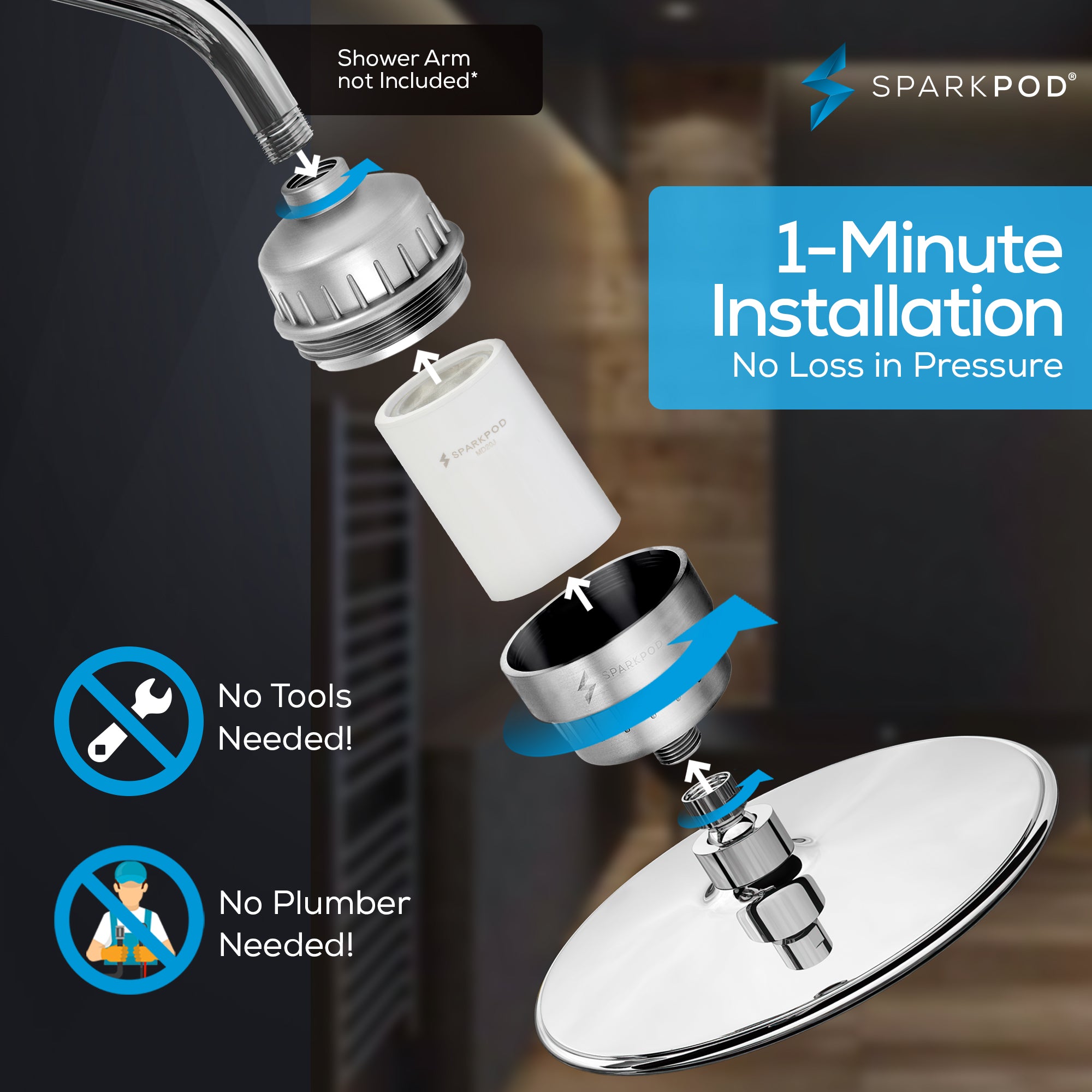 9.5" Round Rainfall Shower Head + High Output Filter