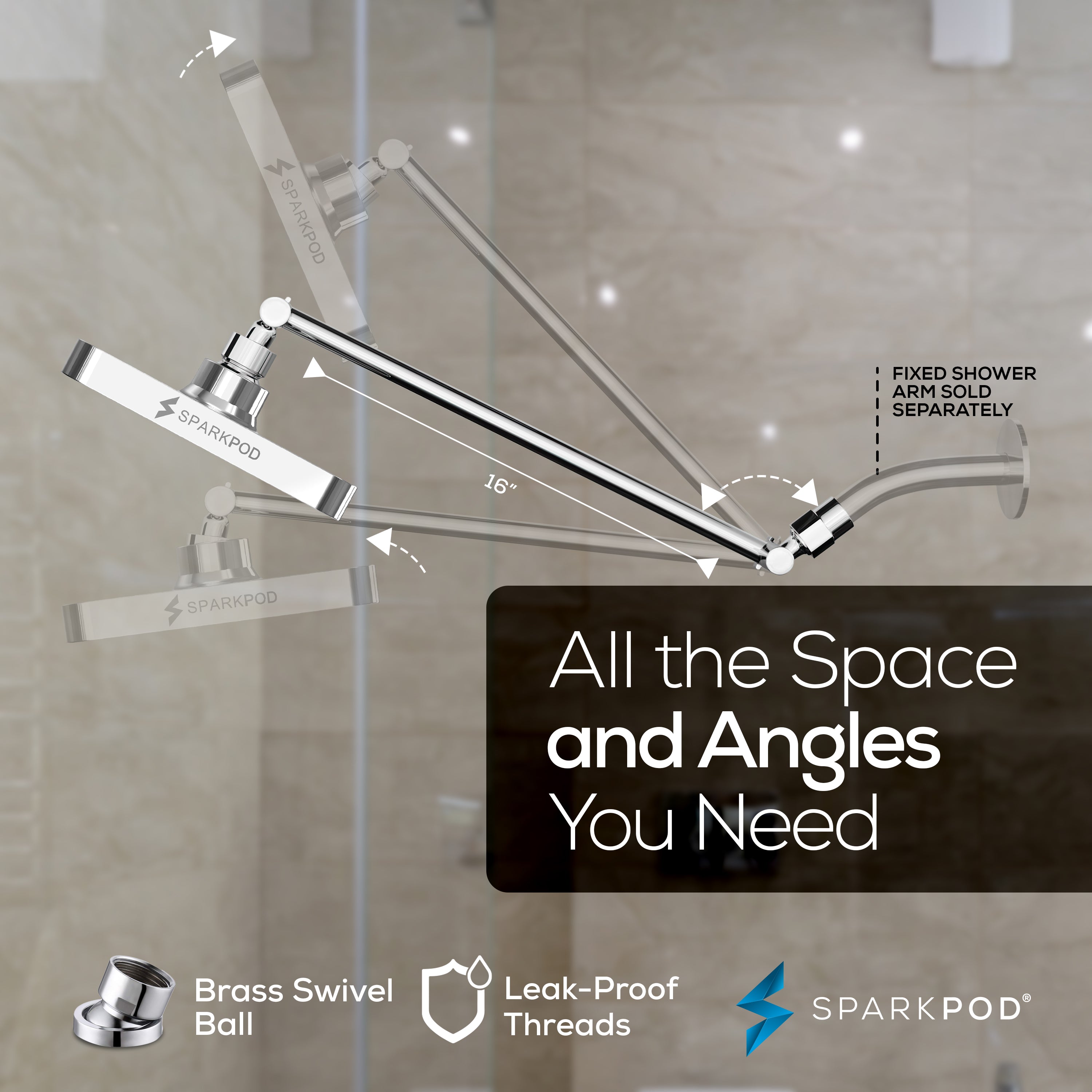 6” Square Rain Shower Head + 16” Shower Arm Extension