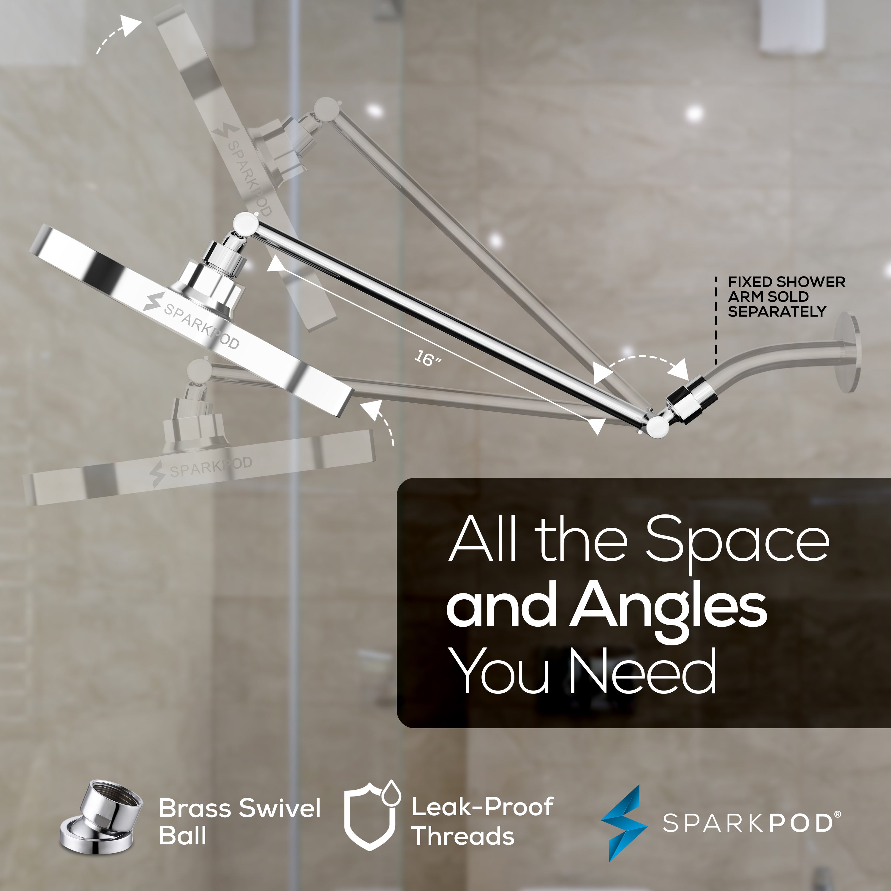 8” Round Rain Shower Head + 16” Shower Arm Extension