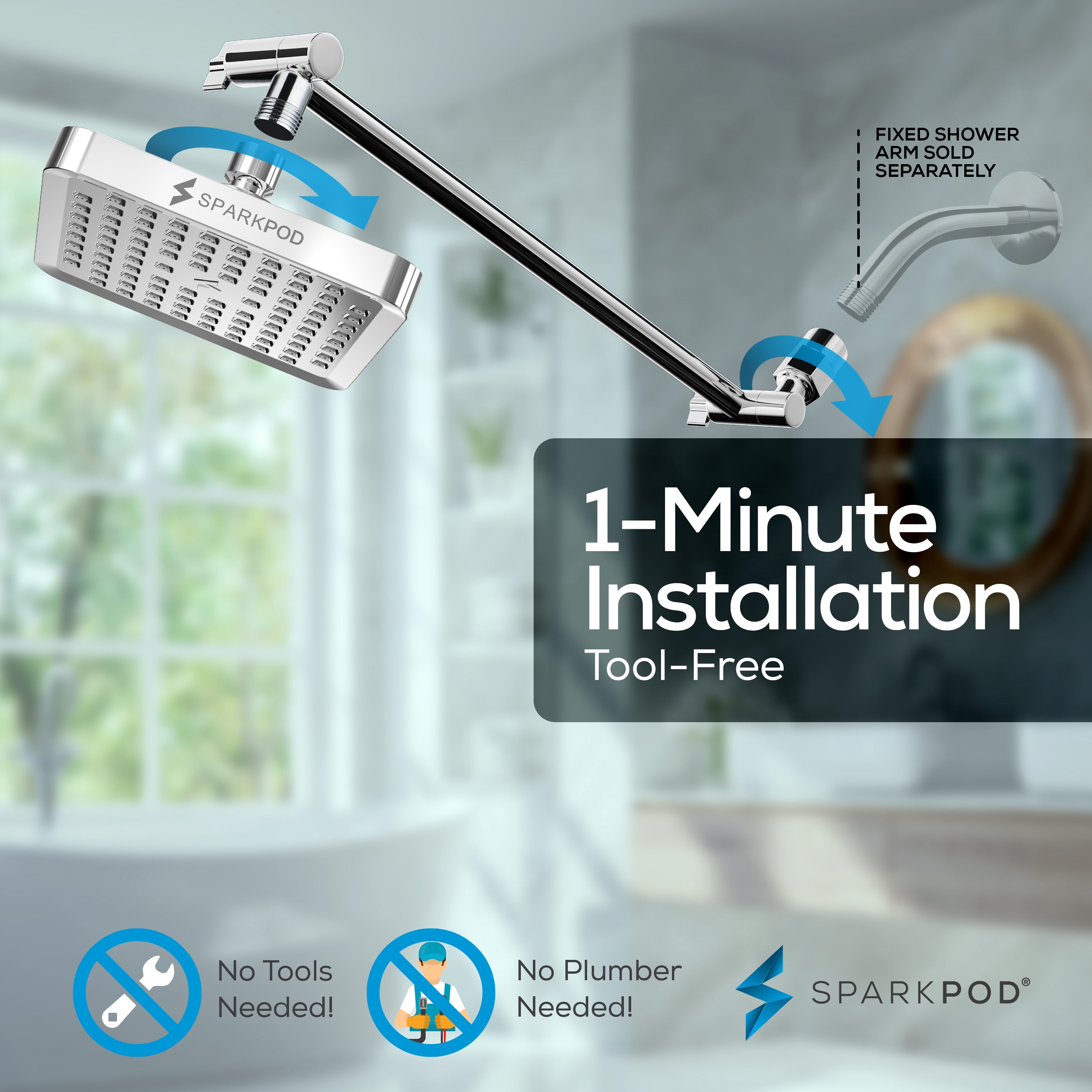 6” Square Rain Shower Head + 16” Shower Arm Extension