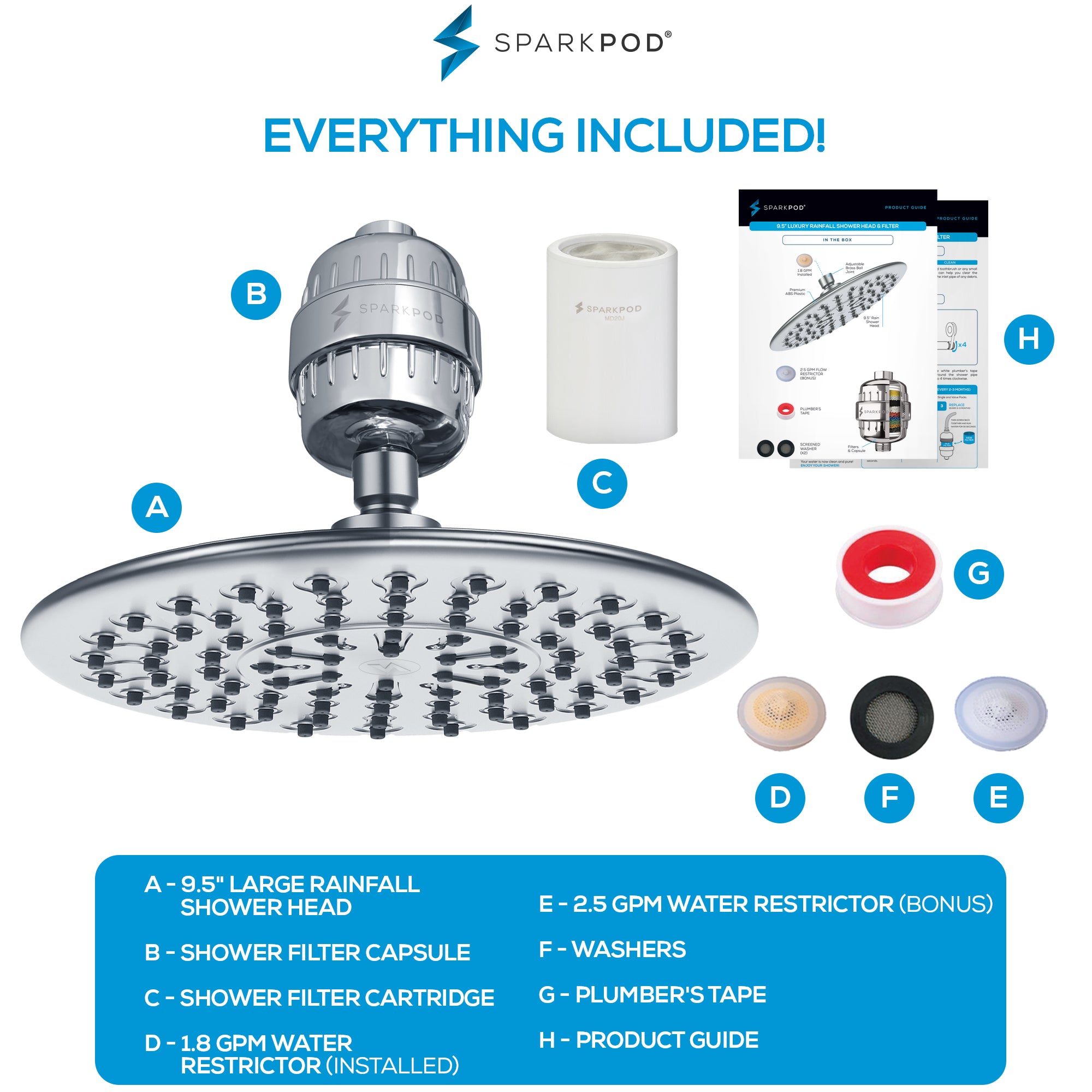 9.5" Round Rainfall Shower Head + High Output Filter