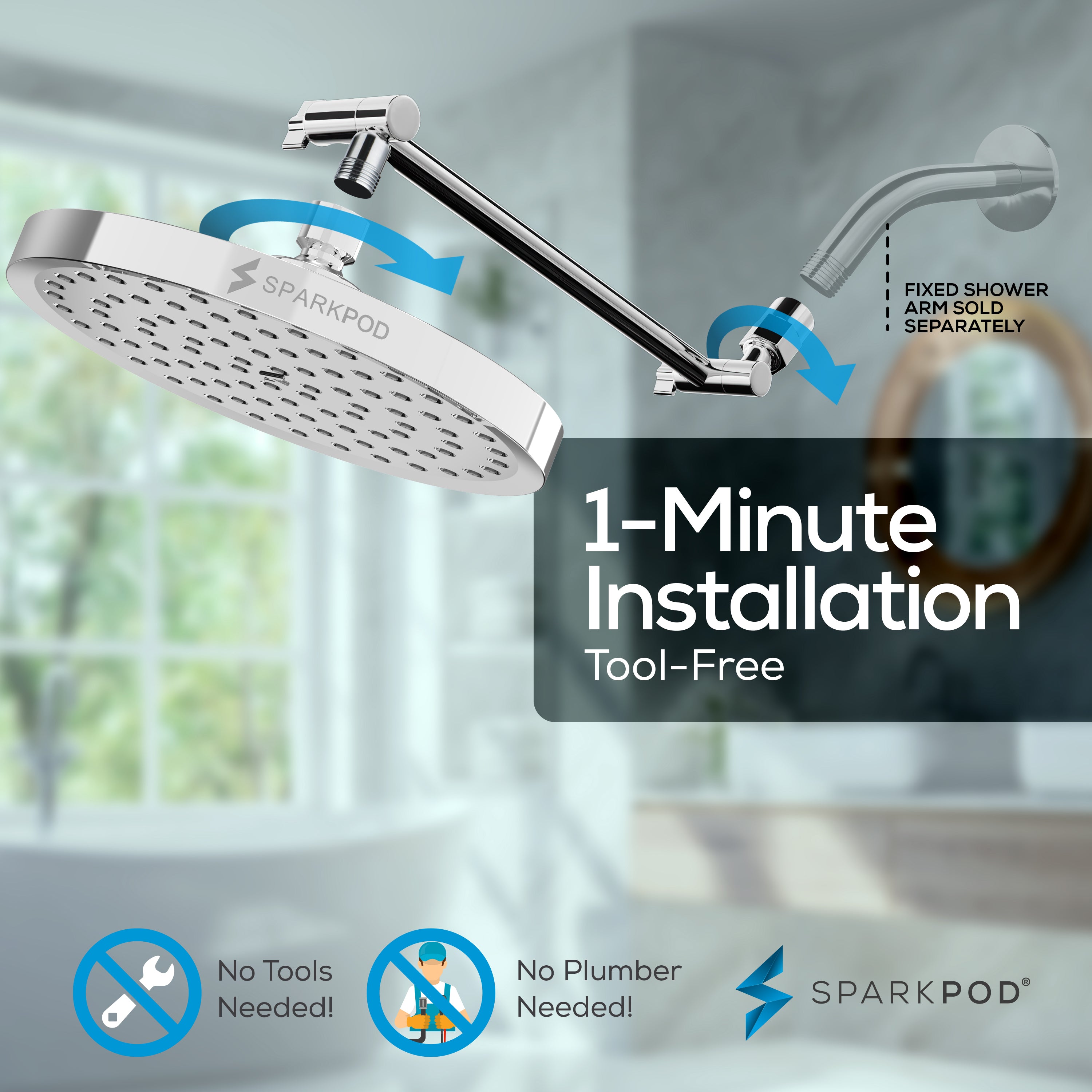 8” Round Rain Shower Head + 11” Shower Arm Extension