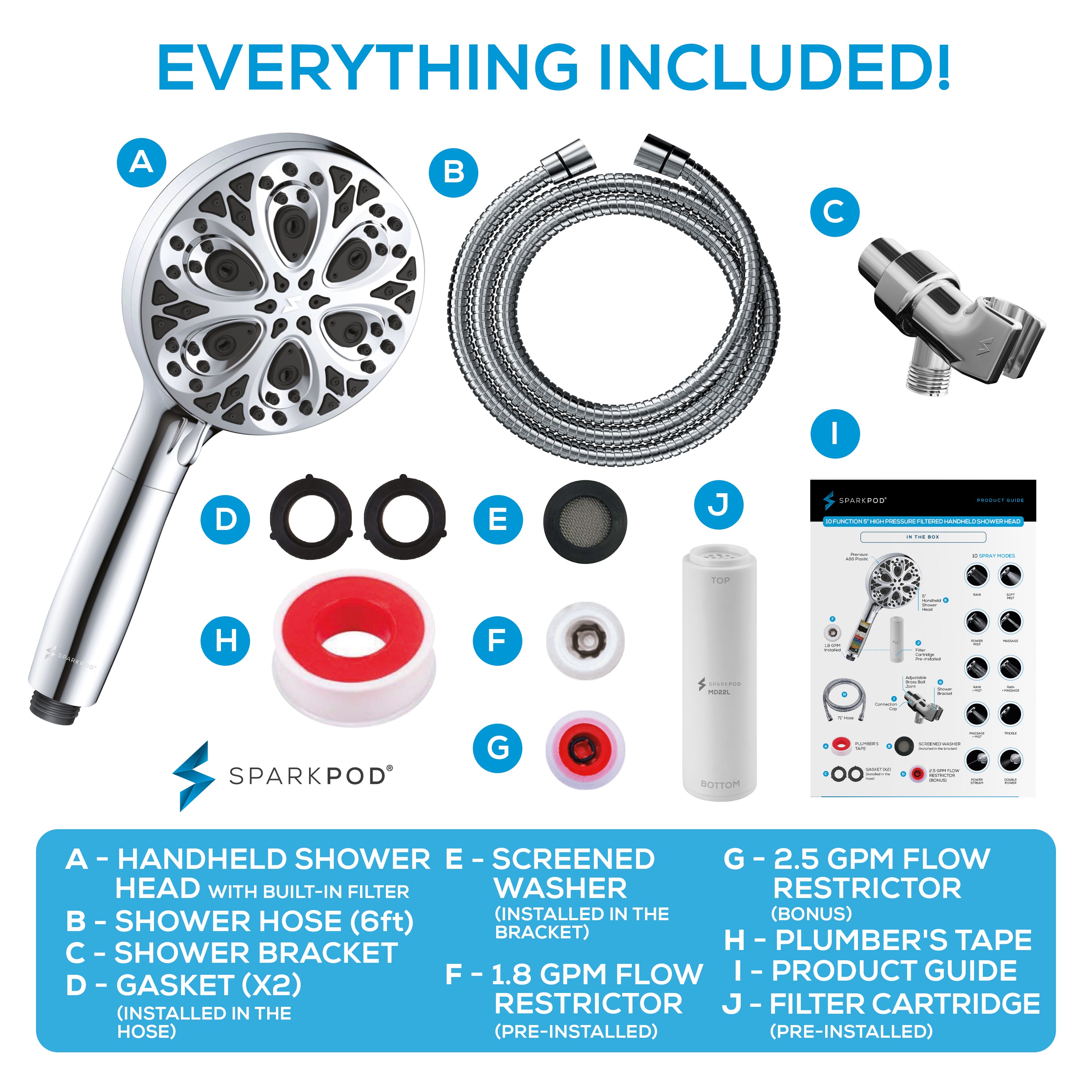 5" 10-Function Filtered Handheld Shower Head + 6' Hose