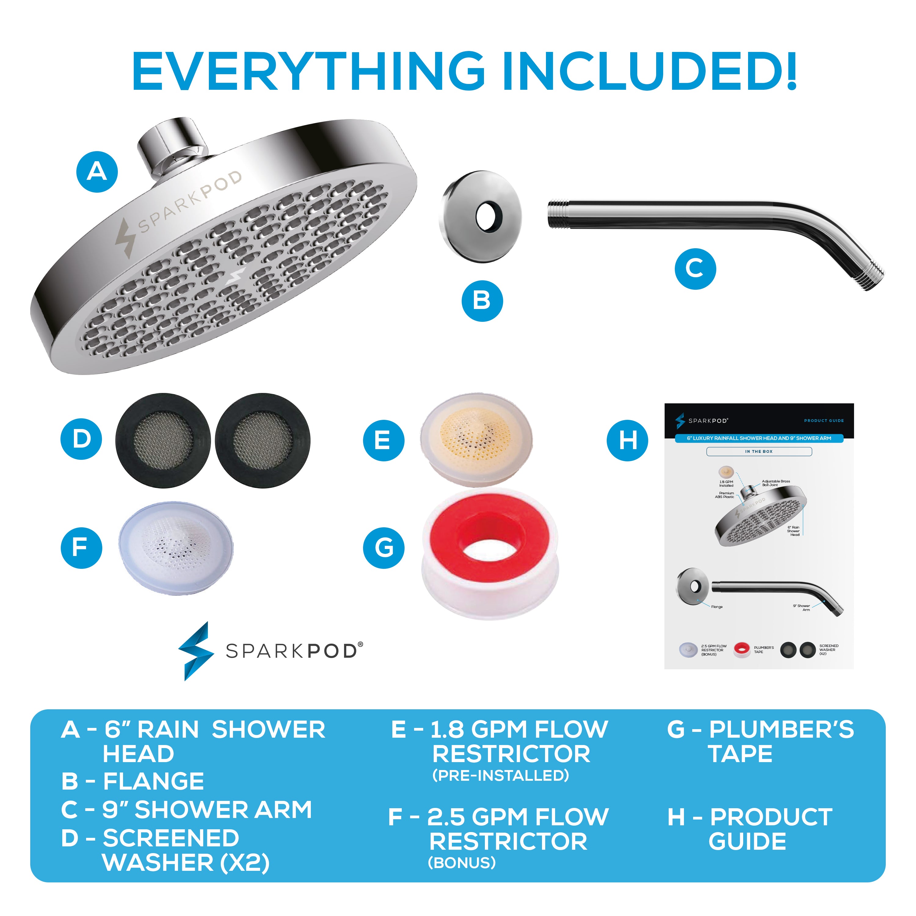 6” Round Rain Shower Head + 9” Shower Arm