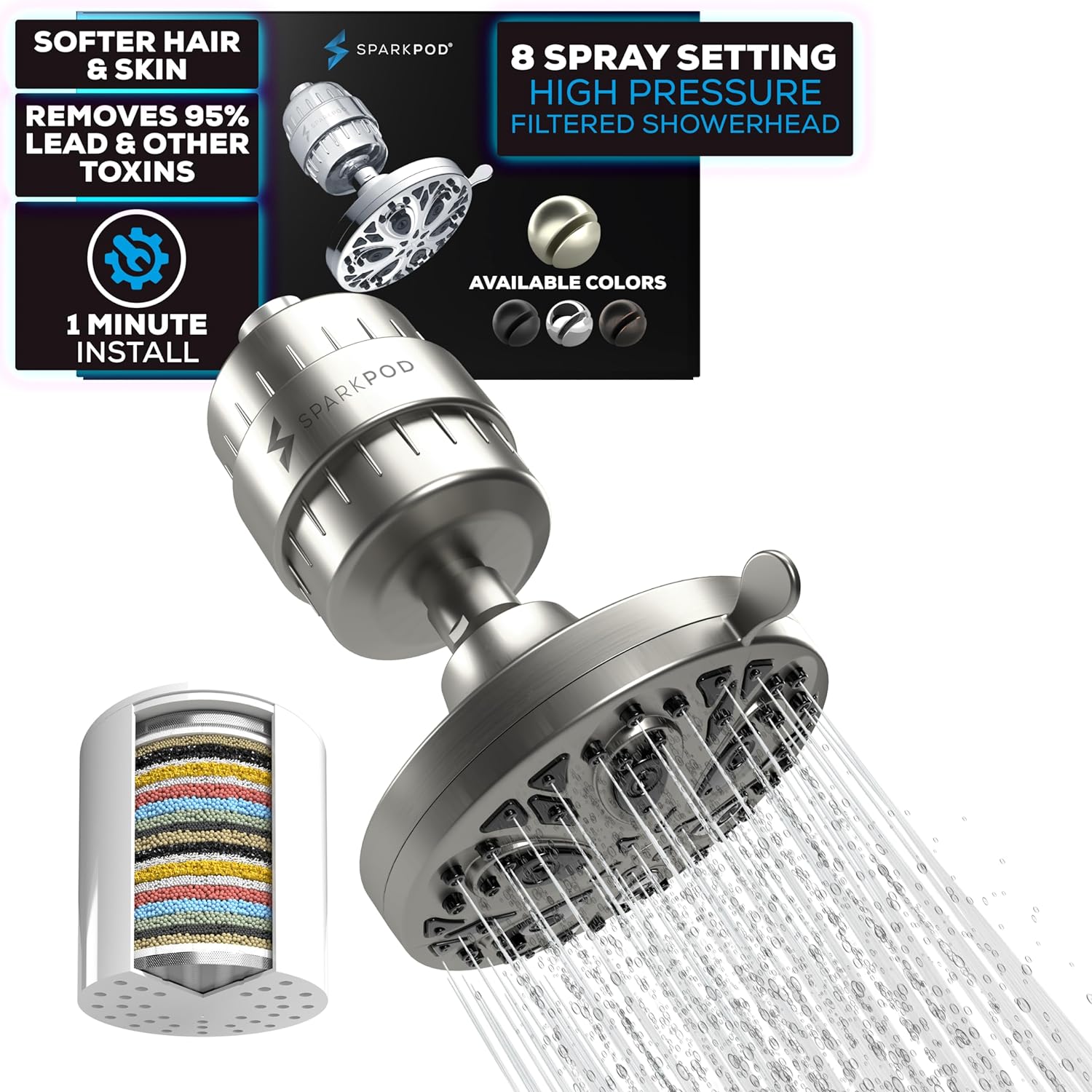 5" 8-Function Rain Shower Head + High Output Filter