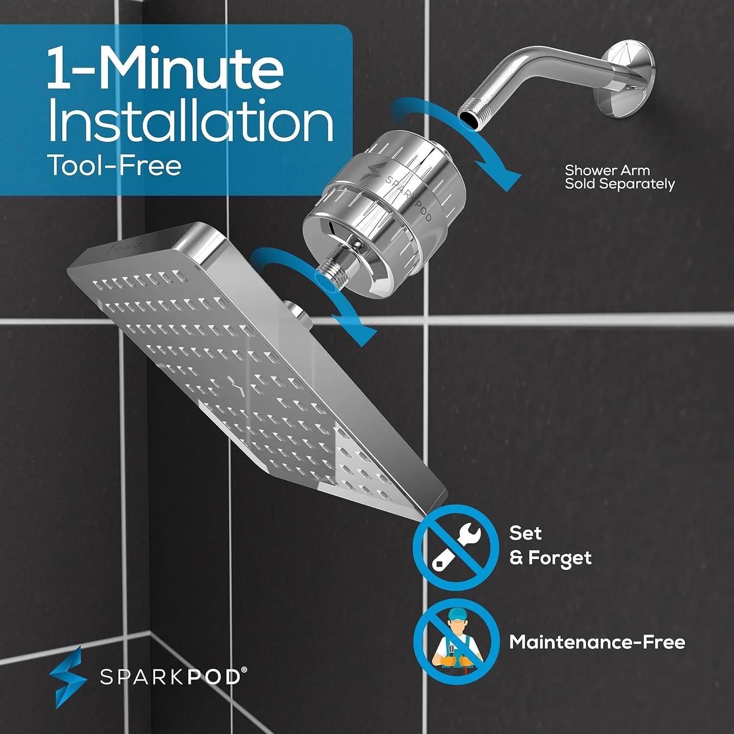 8” Square Rain Shower Head + High Output Filter