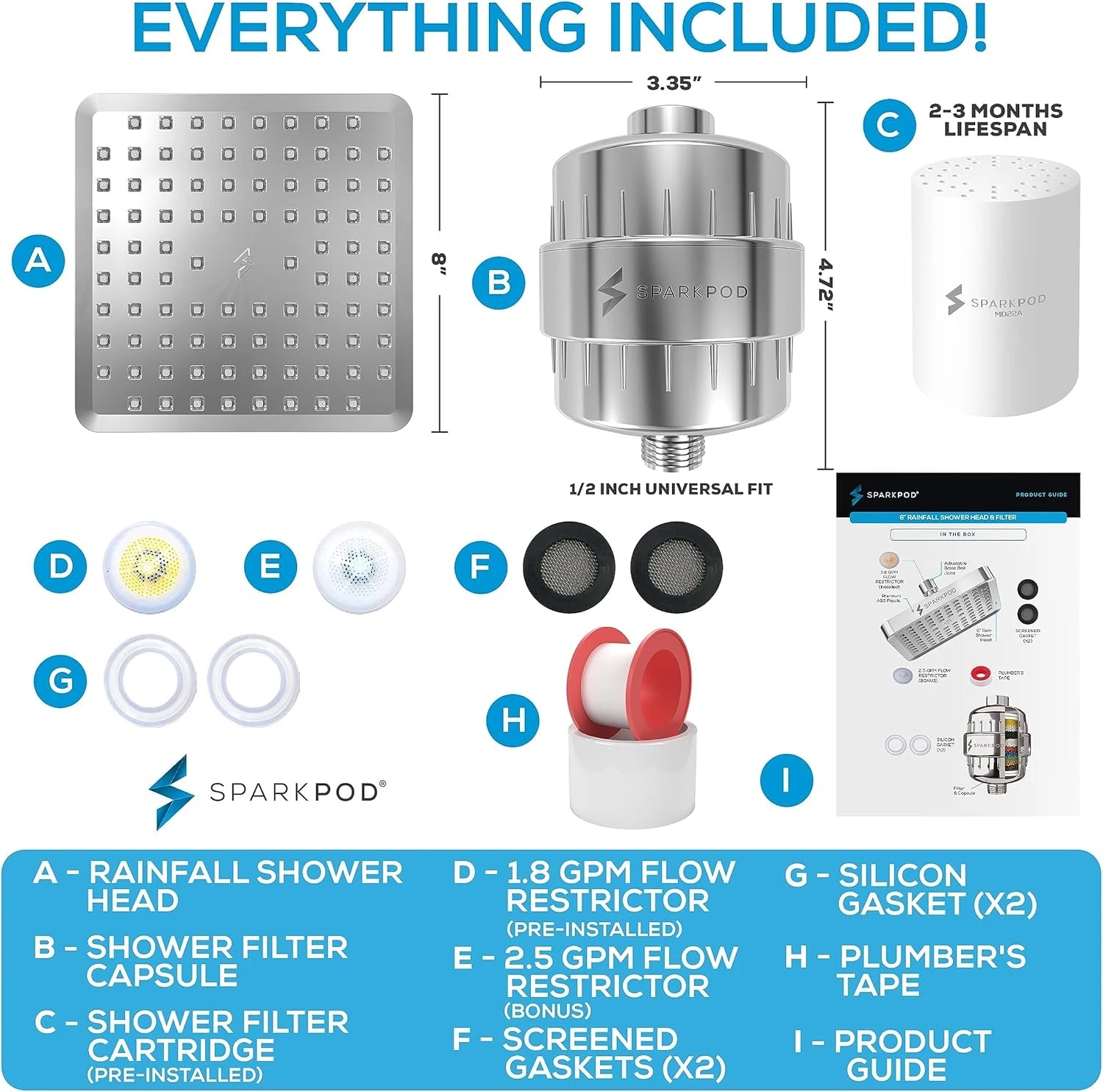 8” Square Rain Shower Head + High Output Filter