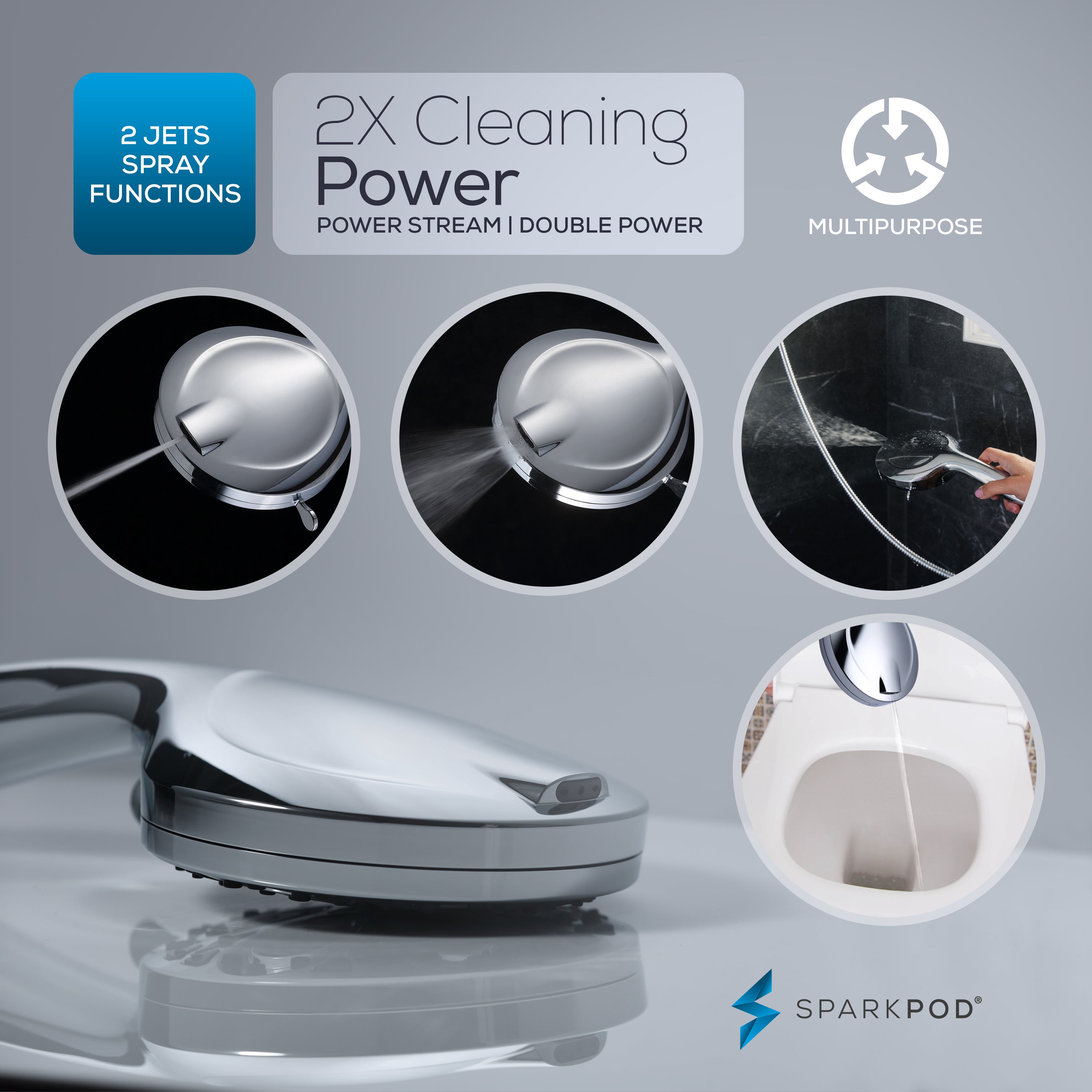 5" 10-Function Handheld Shower Head + 6' Hose + Bracket