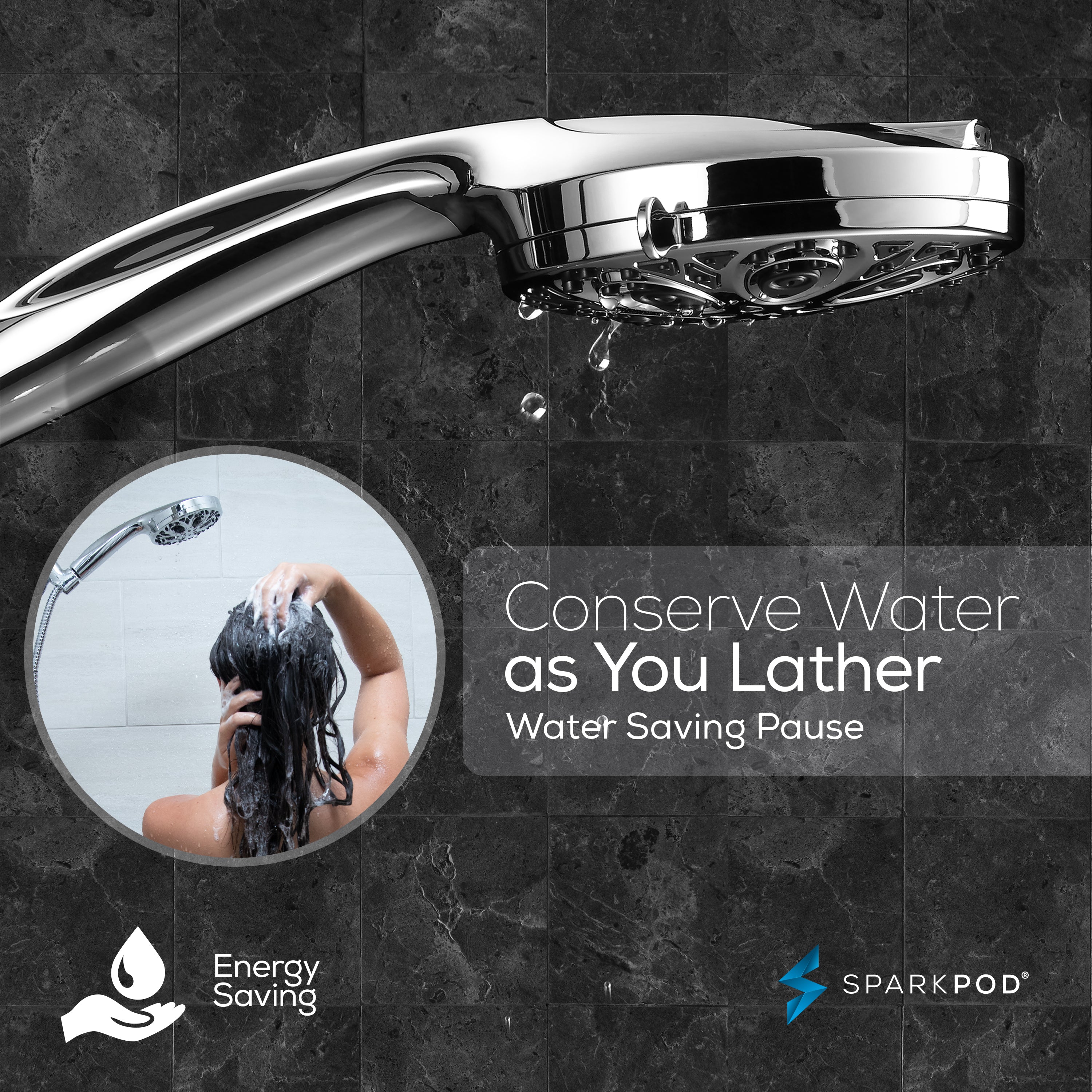 5" 10-Function Handheld Shower Head + 6' Hose + Bracket