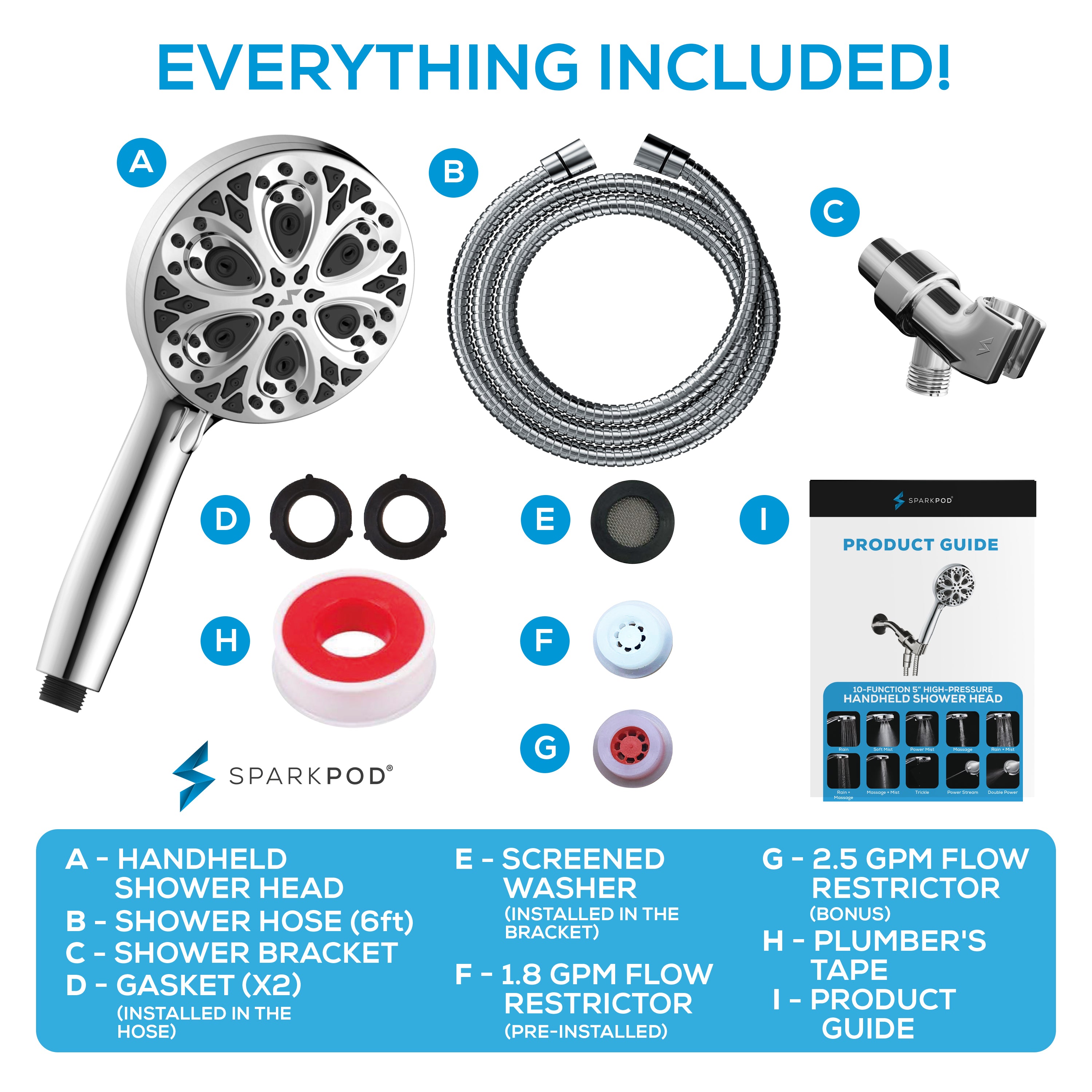 5" 10-Function Handheld Shower Head + 6' Hose + Bracket