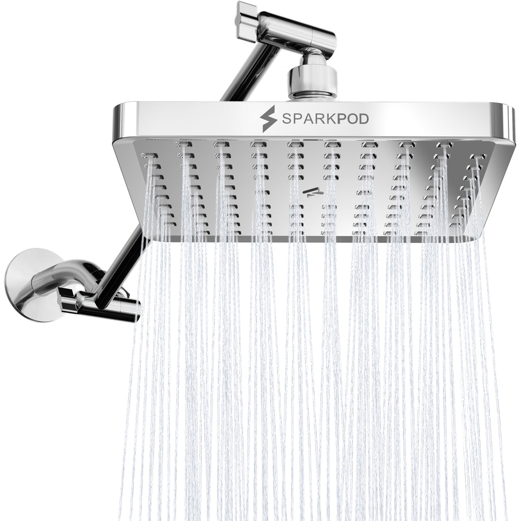 SparkPod 8 Inch Square Rain Shower Head with Shower Arm Extension (11" Shower Arm Extension, Chrome (Luxury Polished))