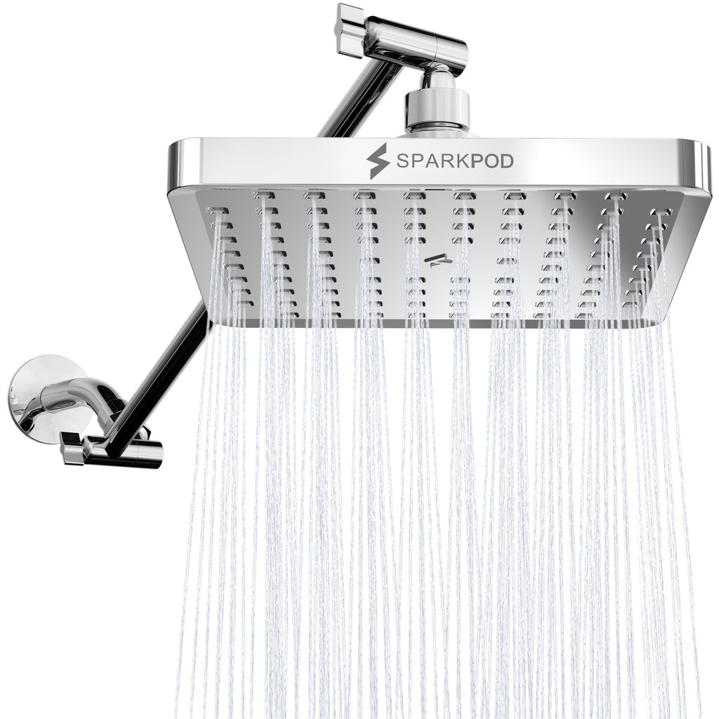 SparkPod 8 Inch Square Rain Shower Head with Shower Arm Extension (16" Shower Arm Extension, Chrome (Luxury Polished))