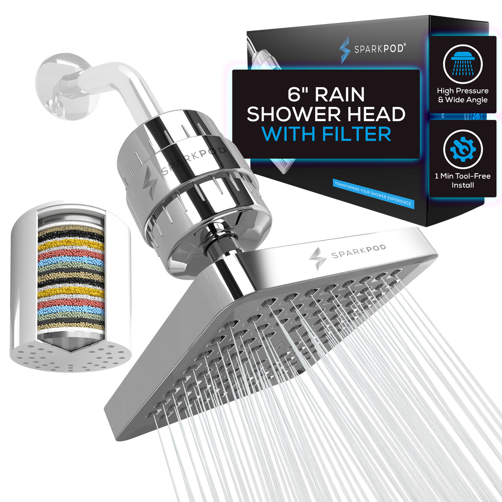 SparkPod High Pressure Shower Filter Head - Water Filter, 6" Square Shower Head with Enhanced Formula Filter (Chrome)