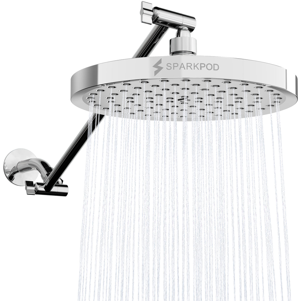 SparkPod 8 Inch Round Rain Shower Head with Shower Arm Extension (16" Shower Arm Extension, Chrome (Luxury Polished))