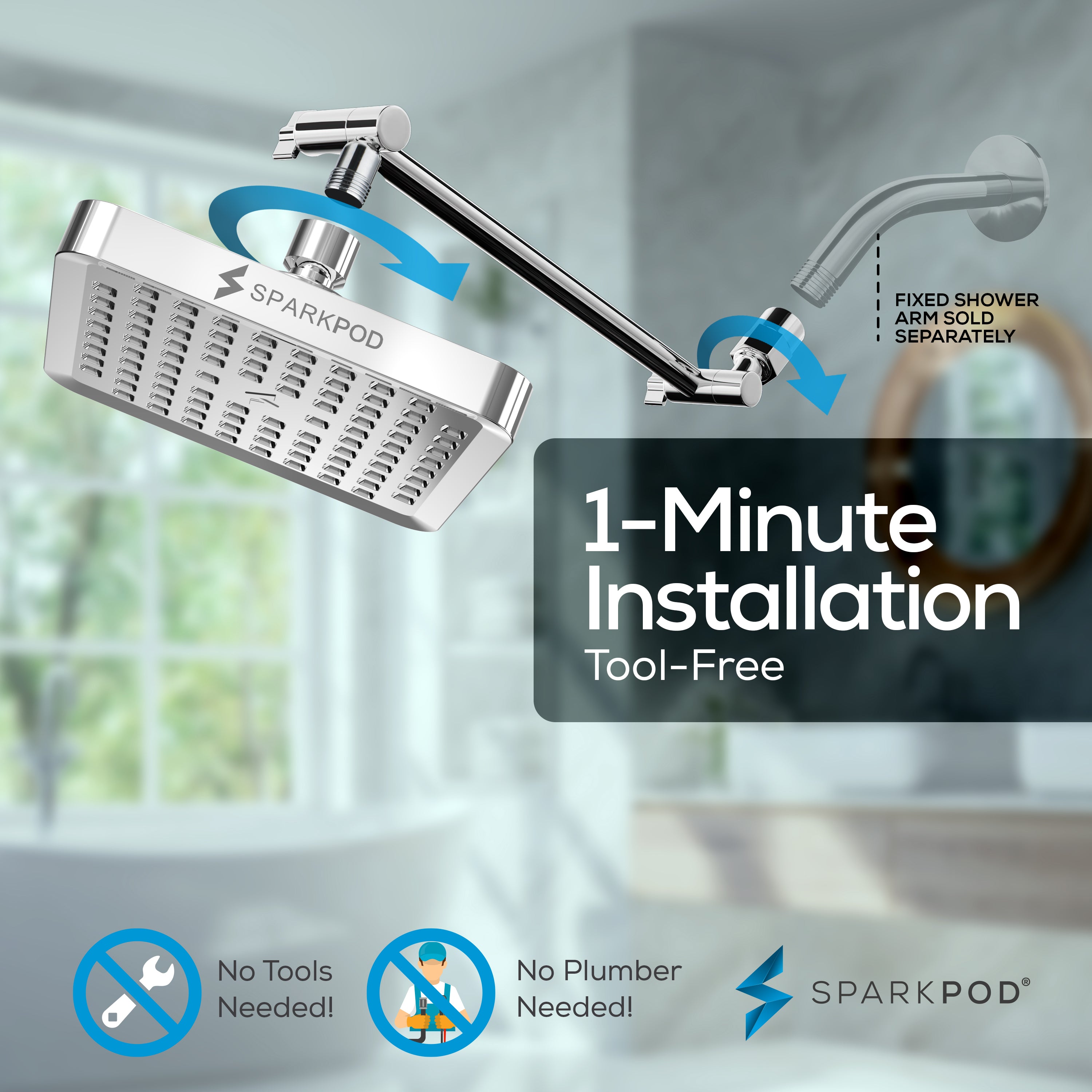 6” Square Rain Shower Head + 11” Shower Arm Extension