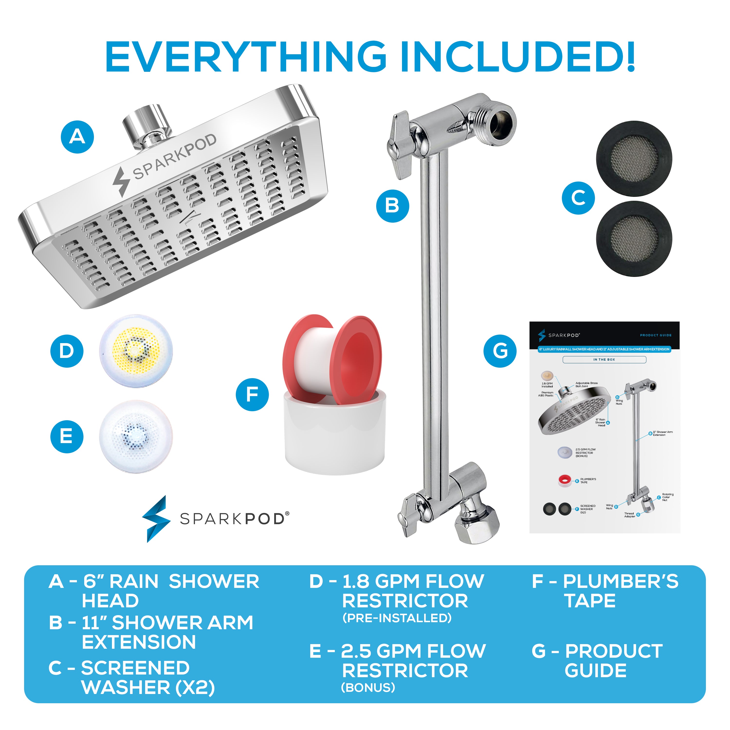 6” Square Rain Shower Head + 11” Shower Arm Extension