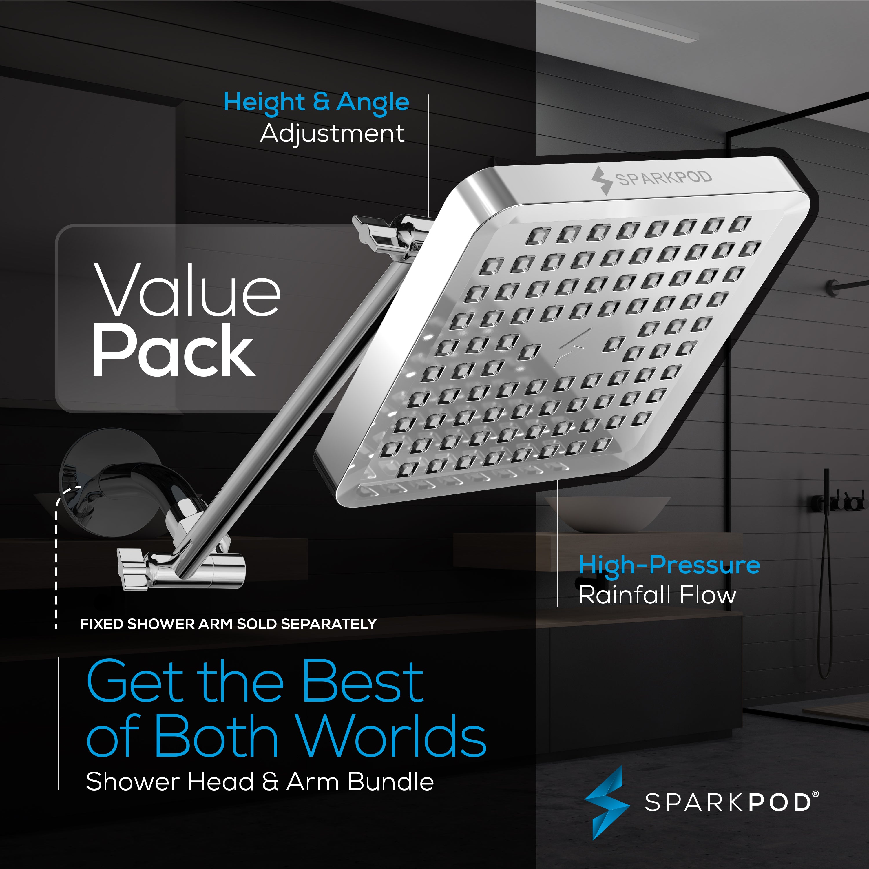 6” Square Rain Shower Head + 11” Shower Arm Extension