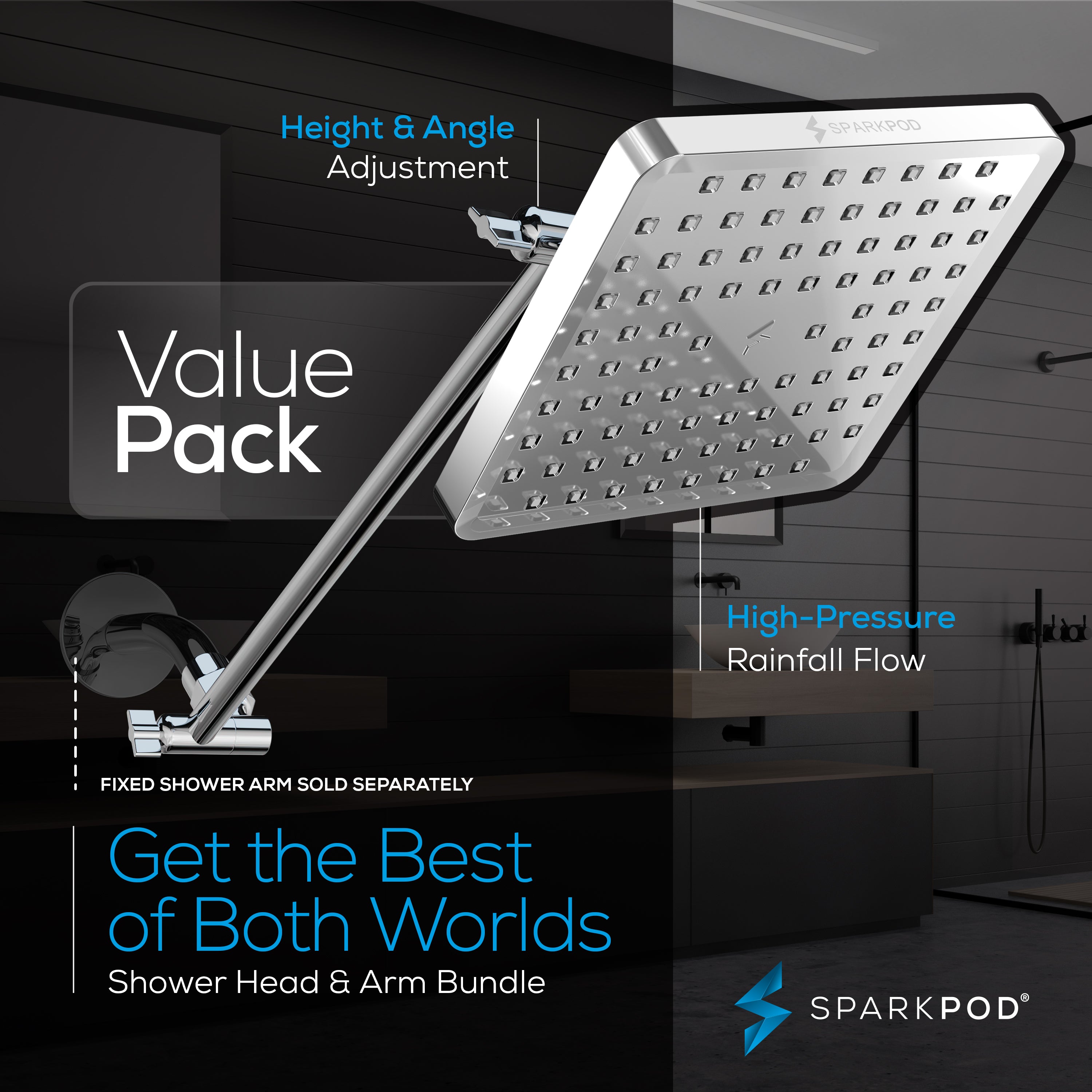 8” Square Rain  Shower Head + 16” Shower Arm Extension