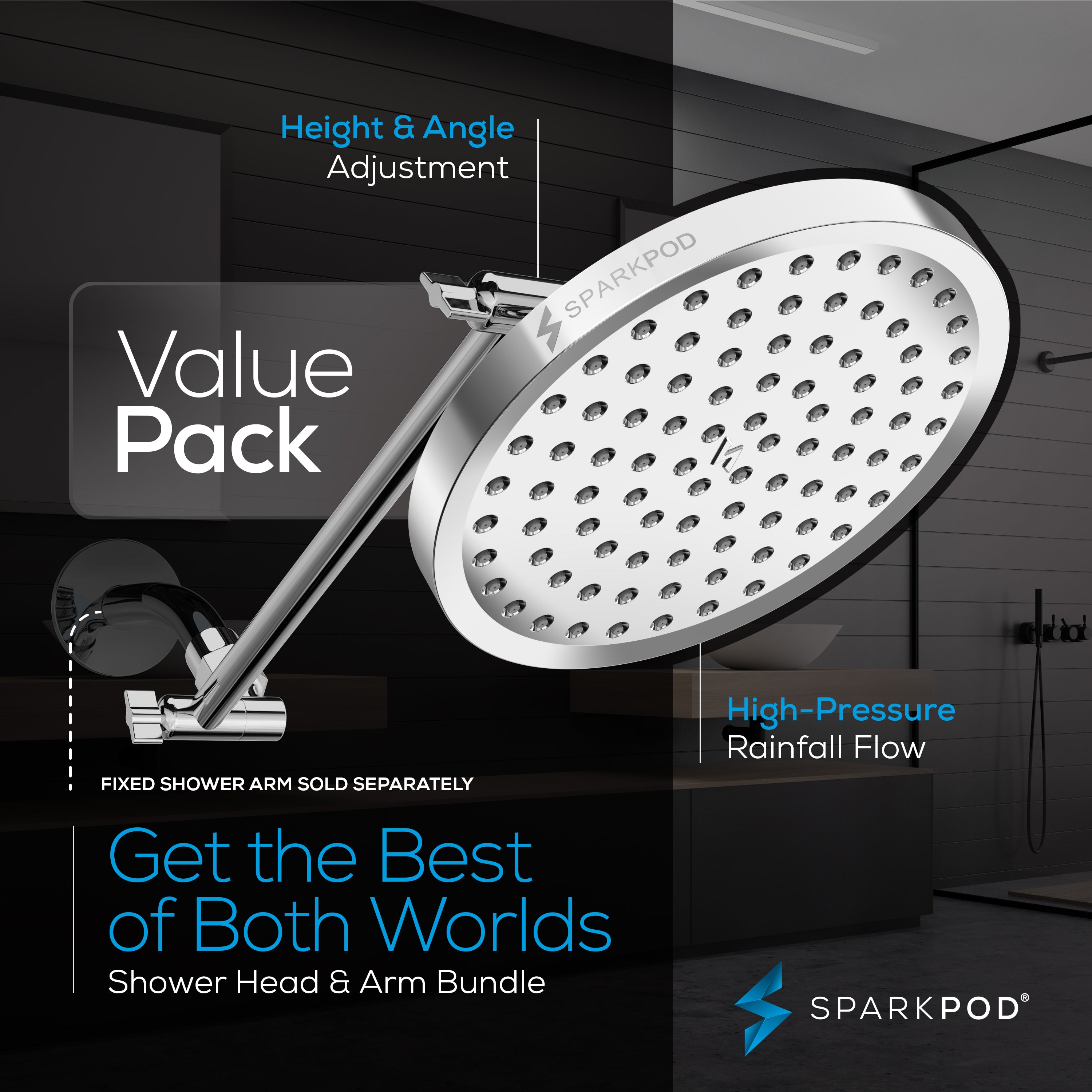 8” Round Rain Shower Head + 11” Shower Arm Extension