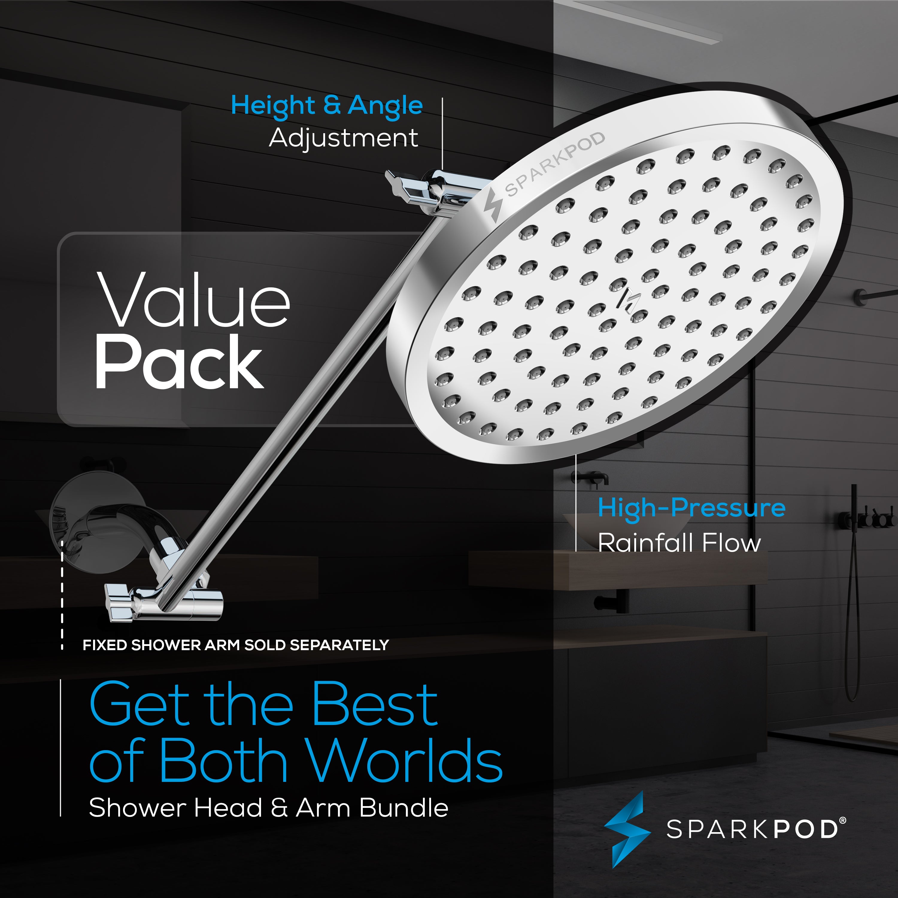 8” Round Rain Shower Head + 16” Shower Arm Extension
