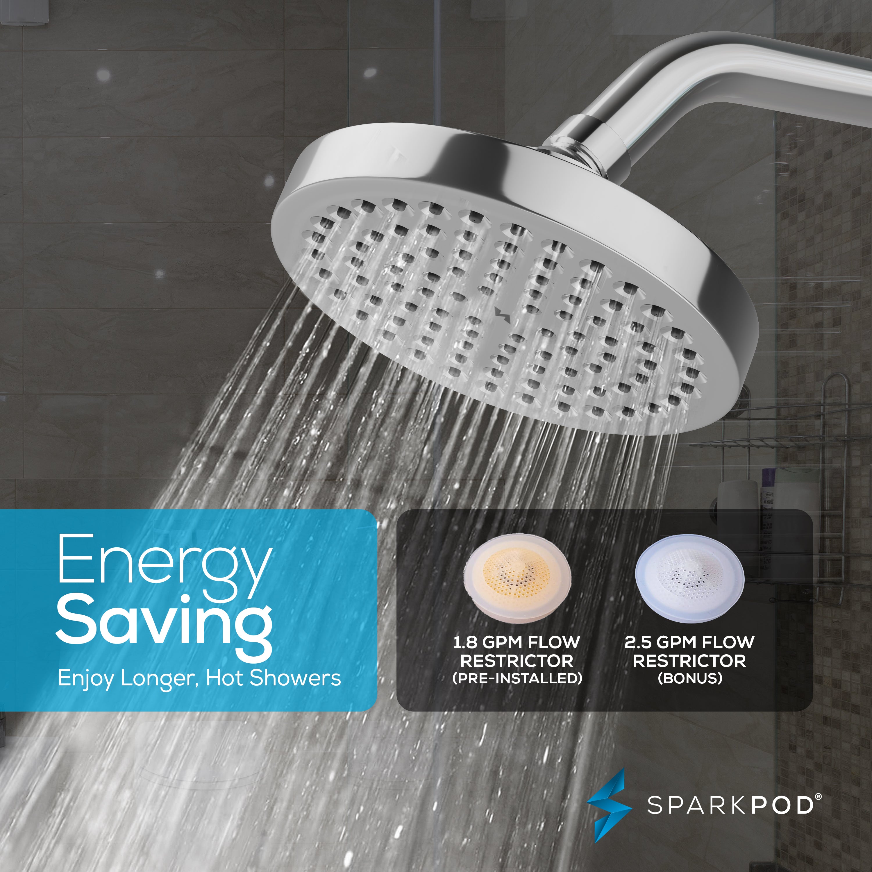 6" Round Rain Shower Head + 6" Shower Arm