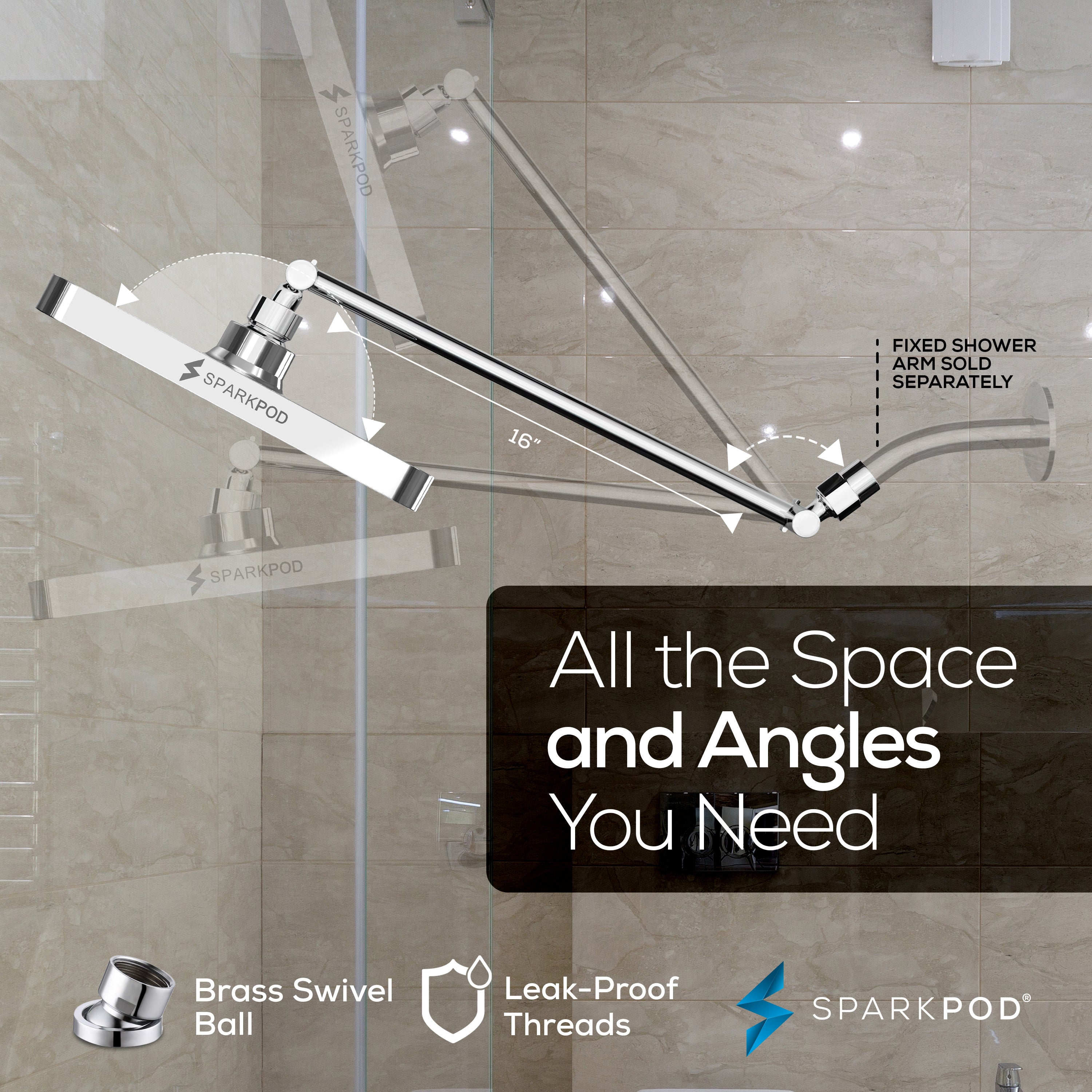 8” Square Rain  Shower Head + 16” Shower Arm Extension