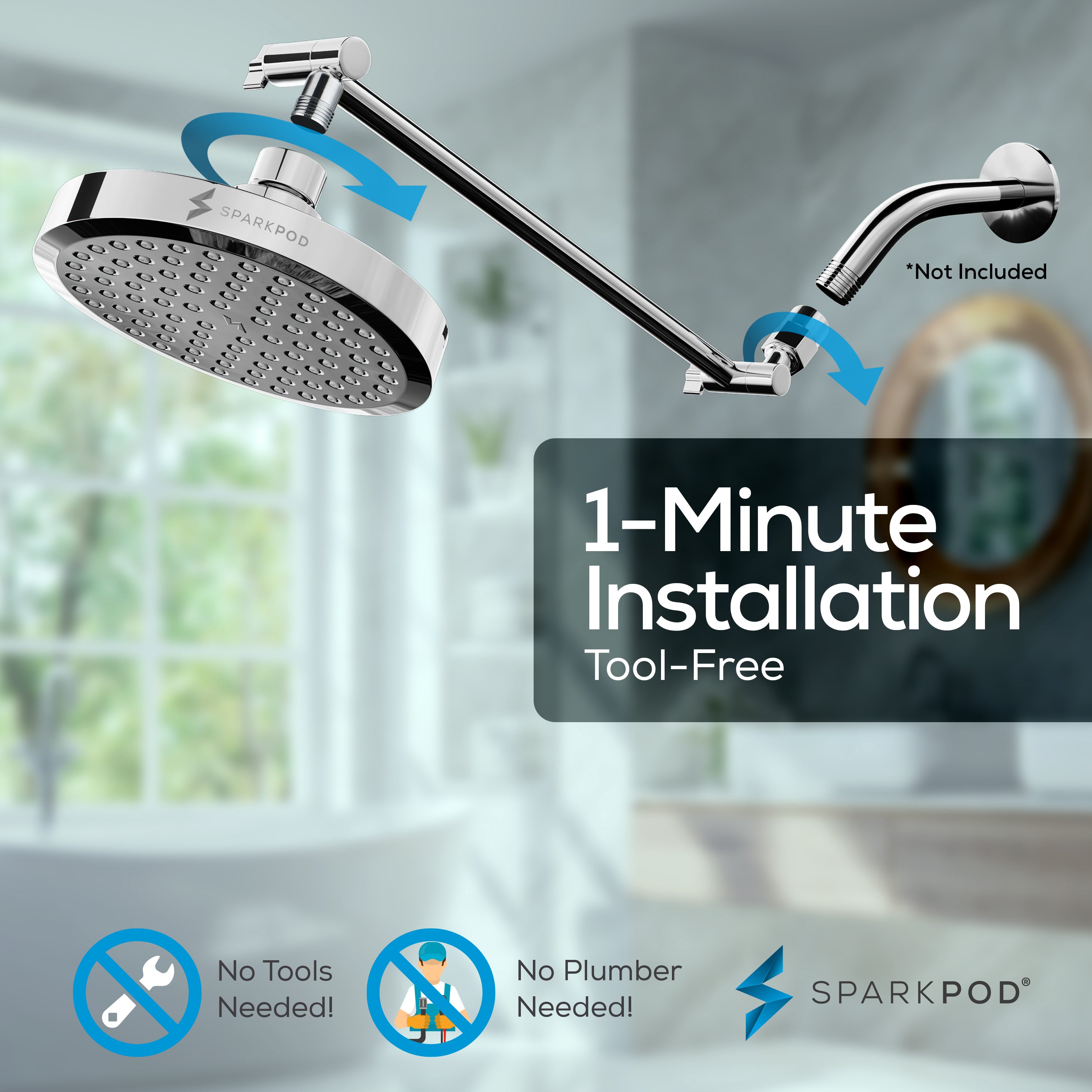 6” Round Shower Head + 16” Shower Arm Extension