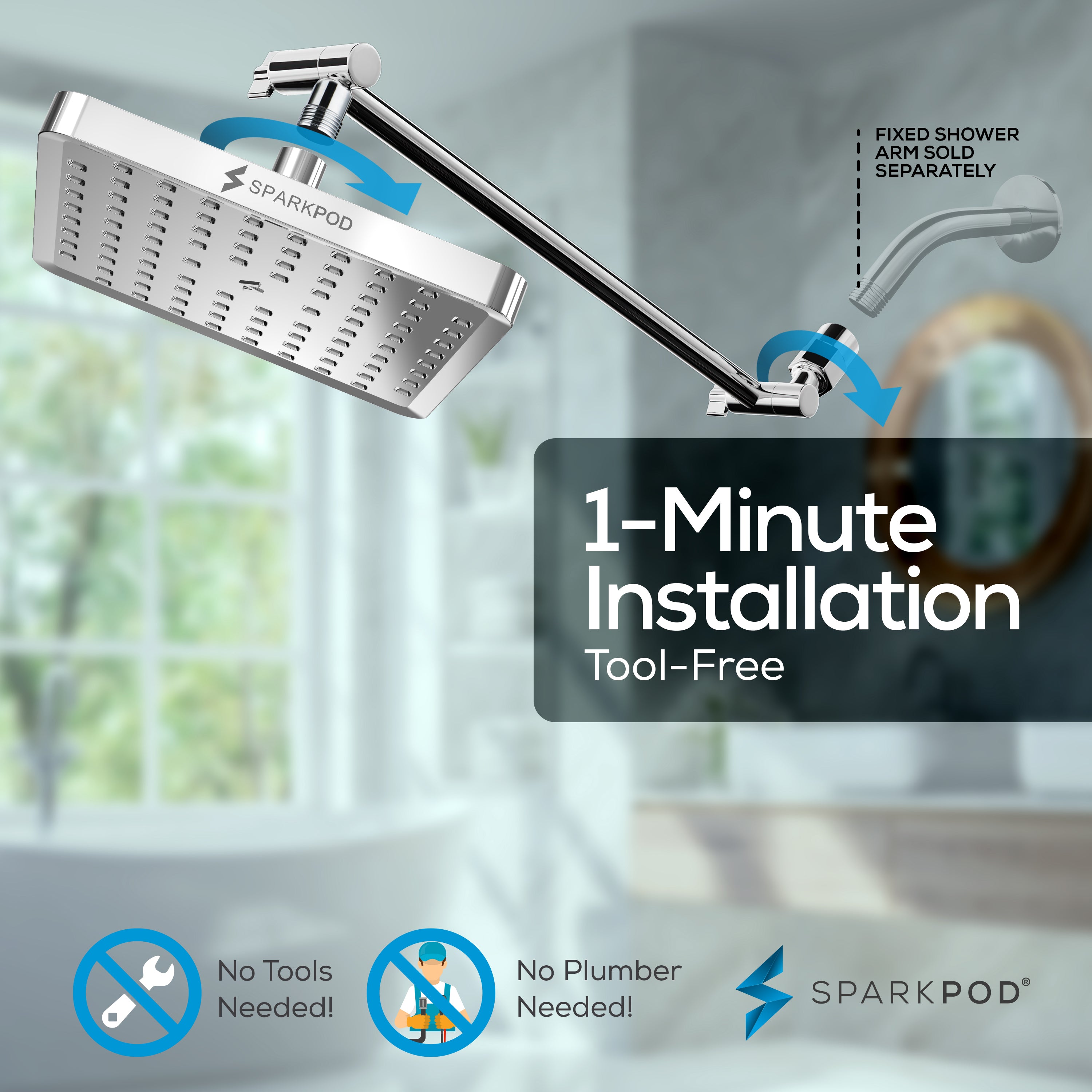 8” Square Rain  Shower Head + 16” Shower Arm Extension