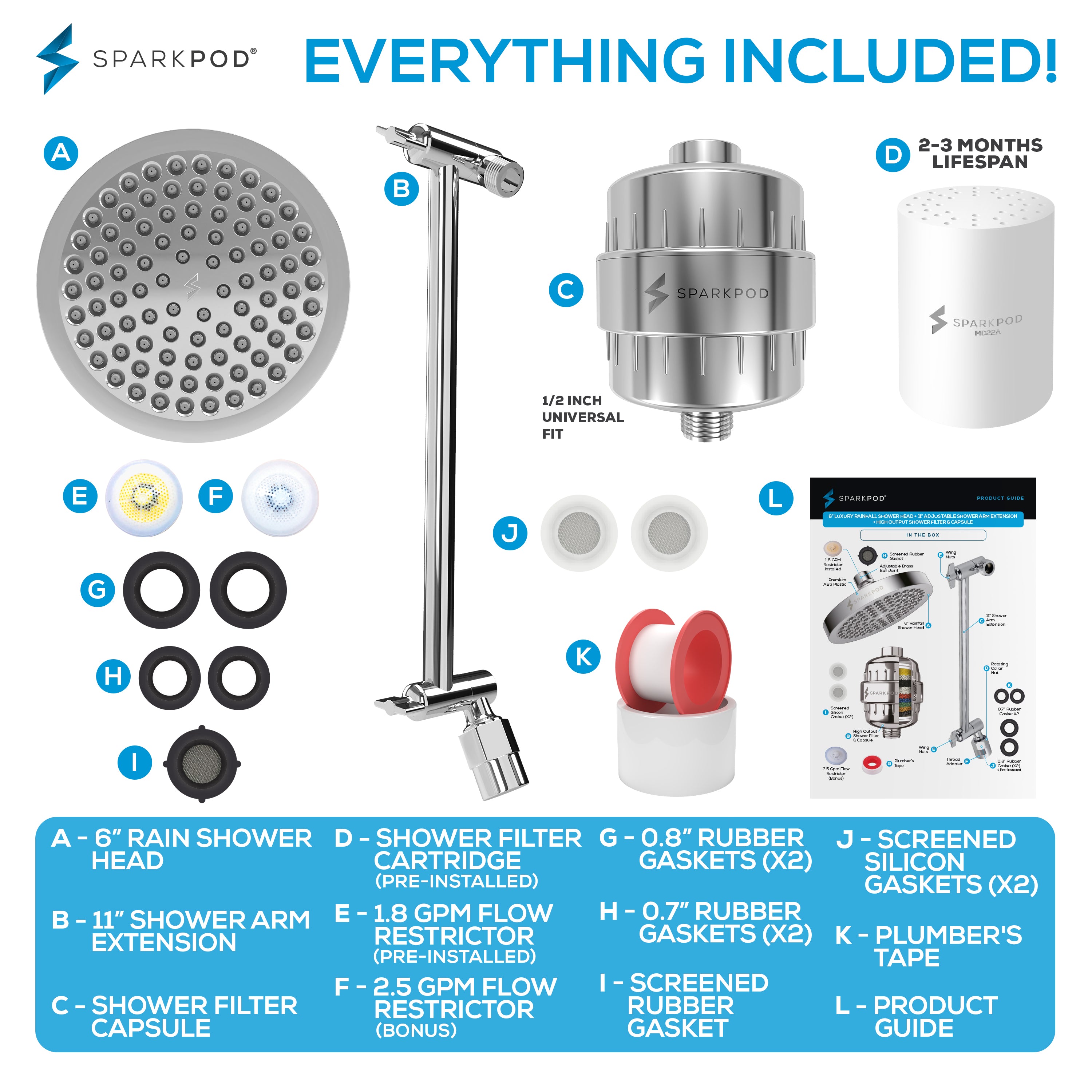 6” Round Rain Shower Head + High Output Filter + 11” Shower Arm Extension