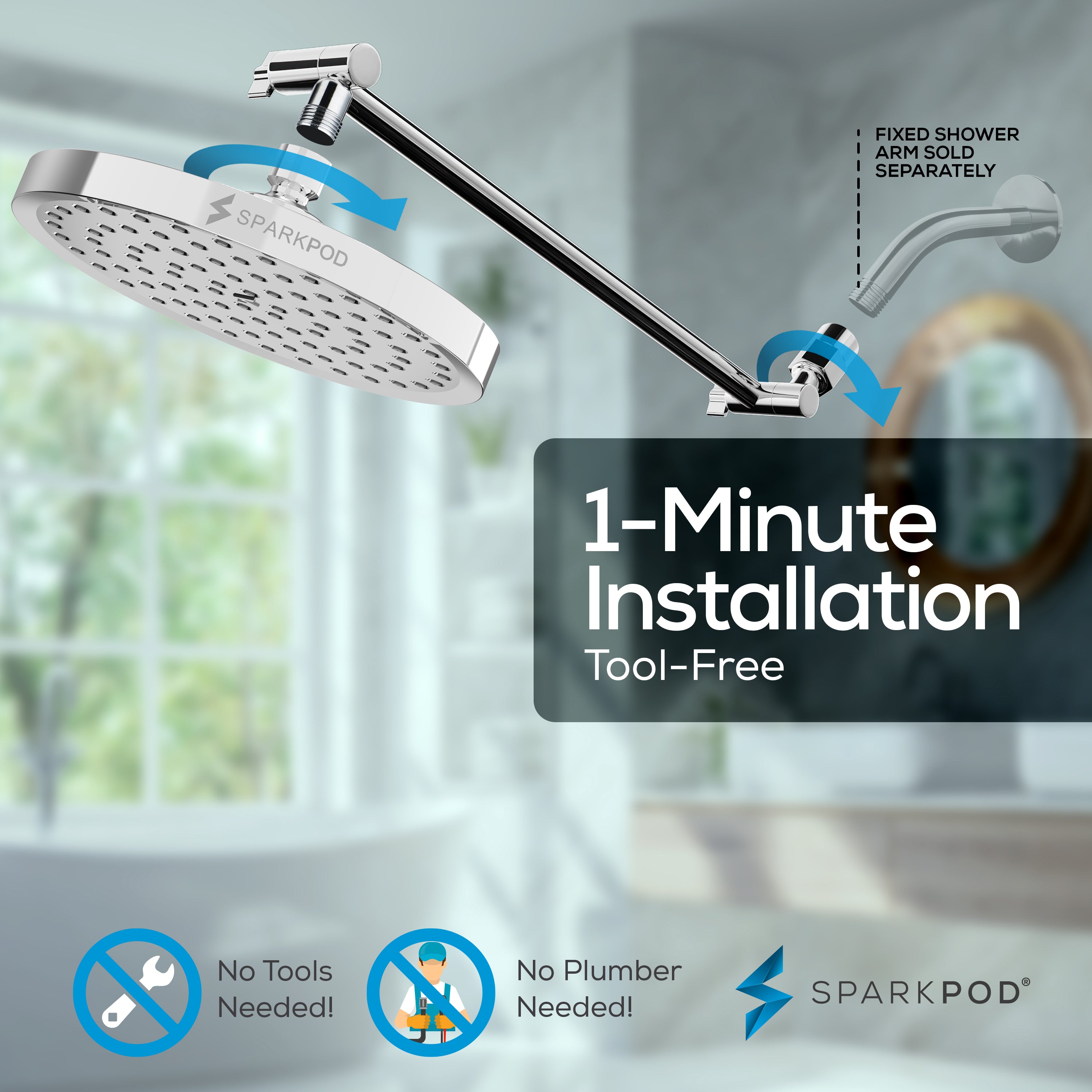 8” Round Rain Shower Head + 16” Shower Arm Extension