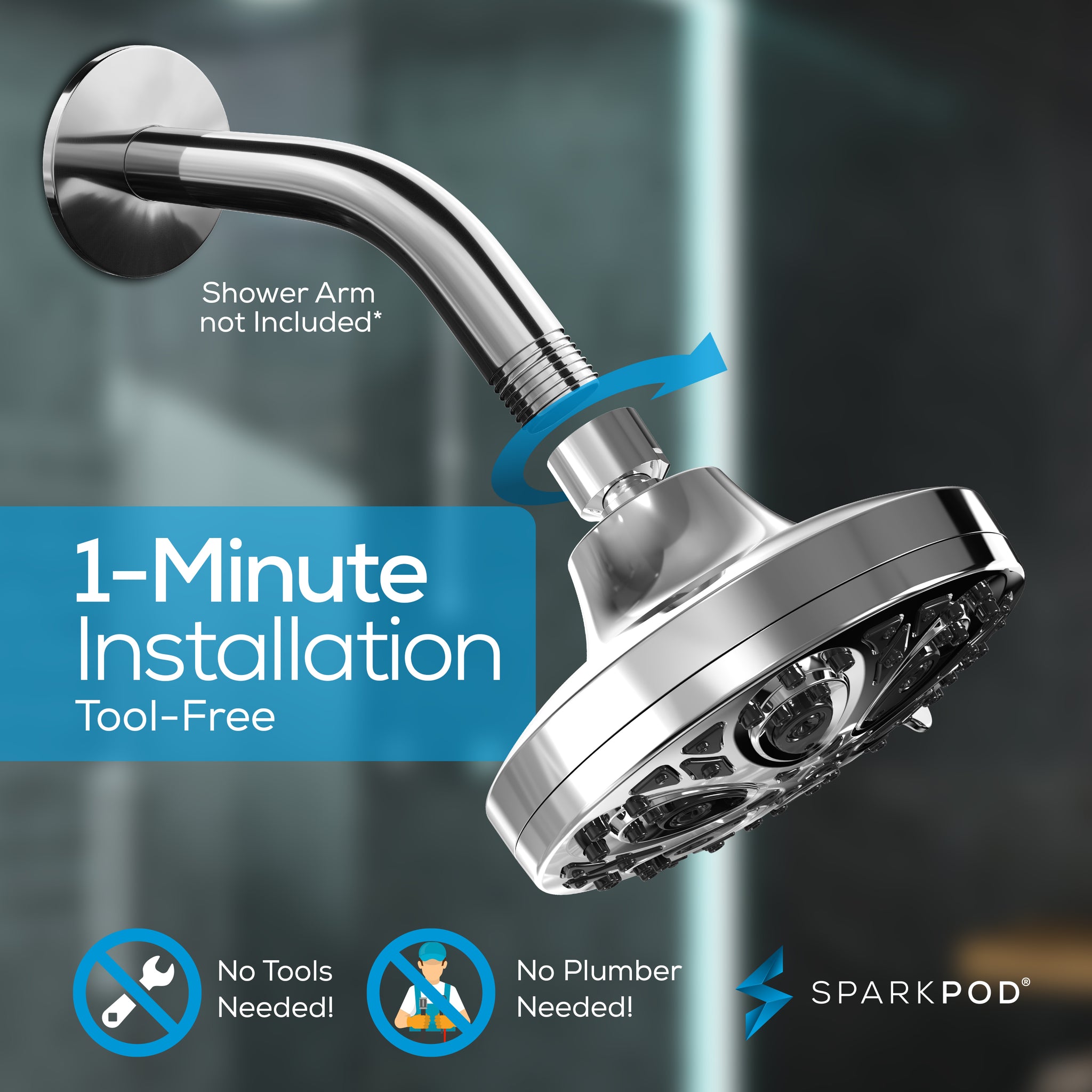 SparkPod Rain Showerhead with 8 Spray Settings - High Pressure Shower