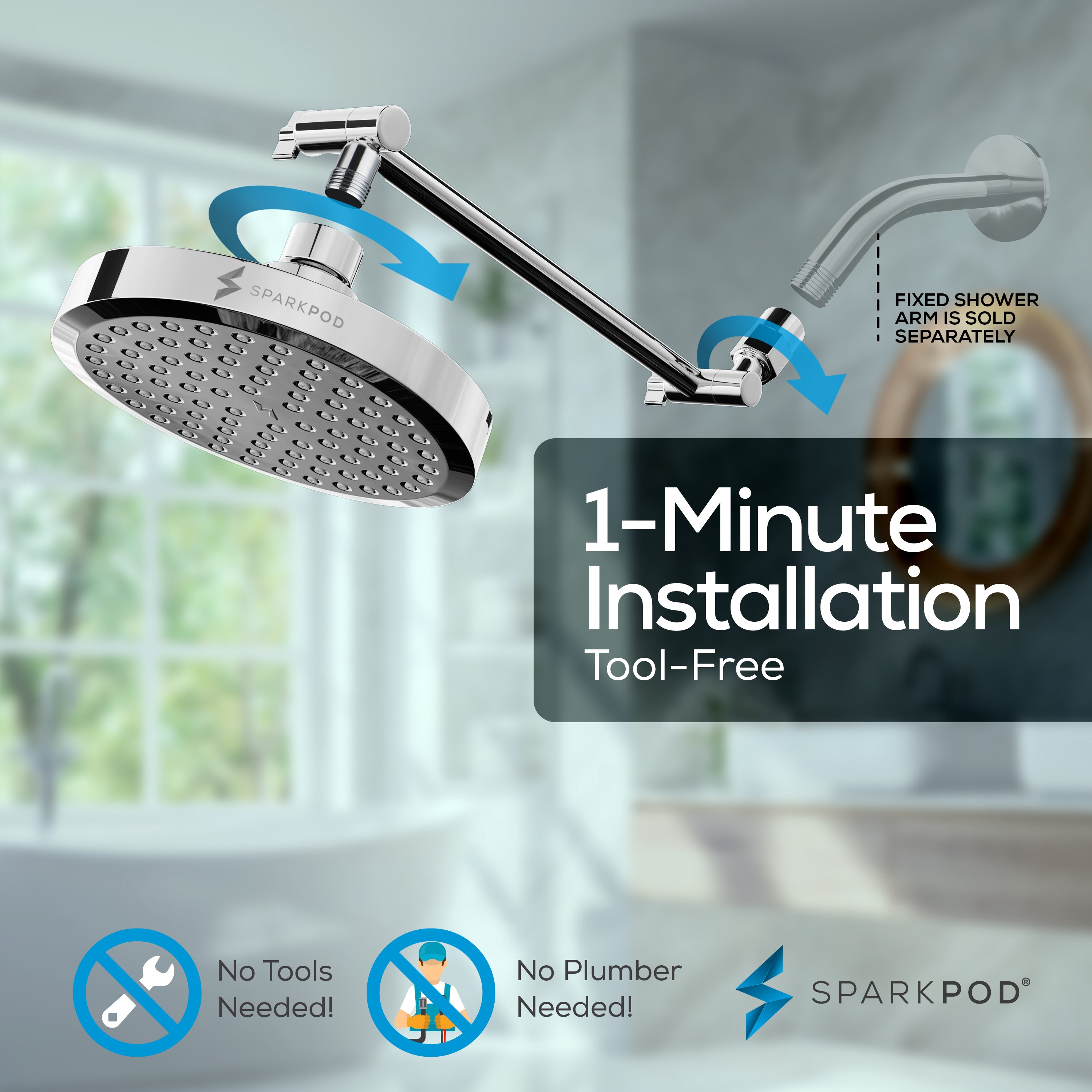 6” Round Shower Head + 11” Shower Arm Extension