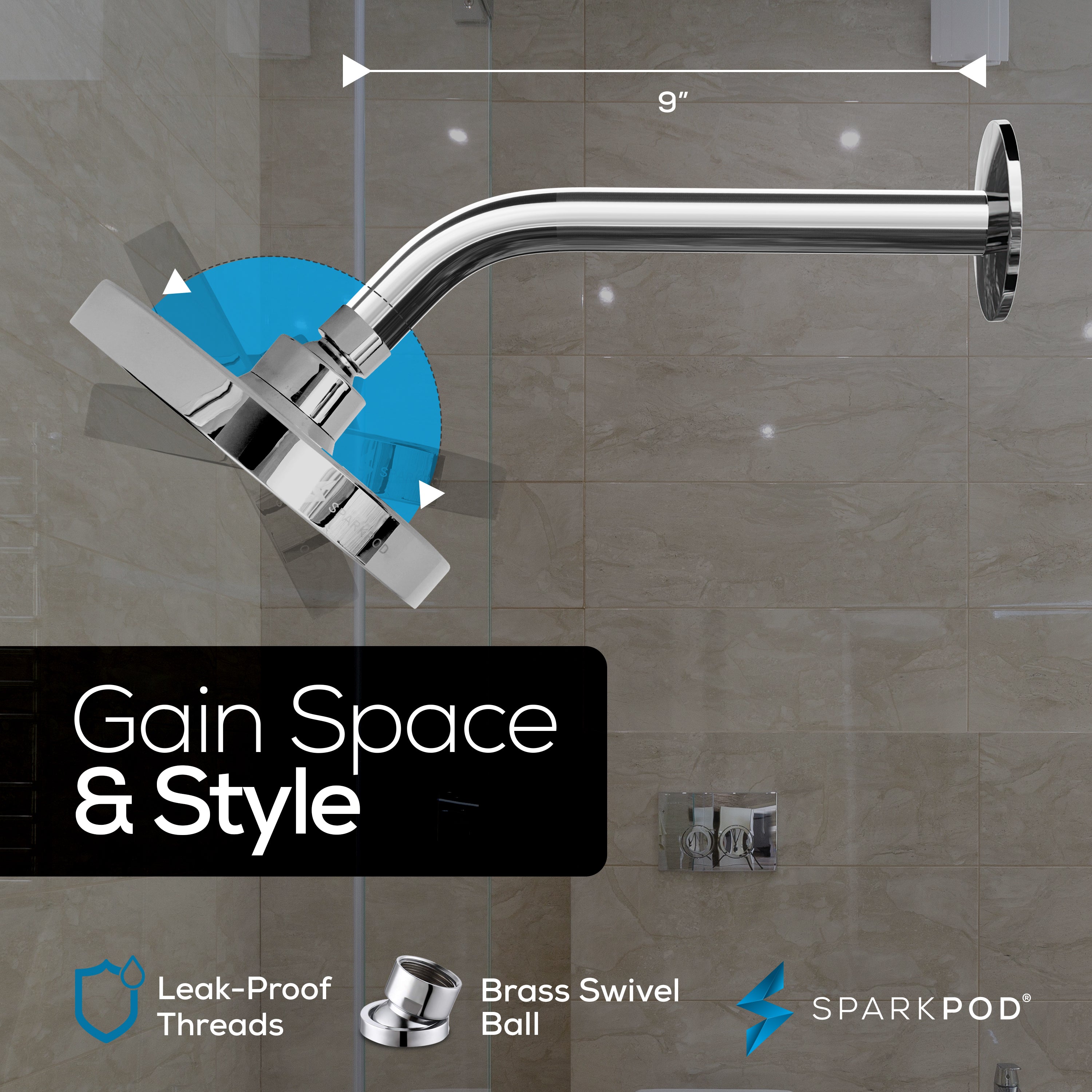 6” Round Rain Shower Head + 9” Shower Arm