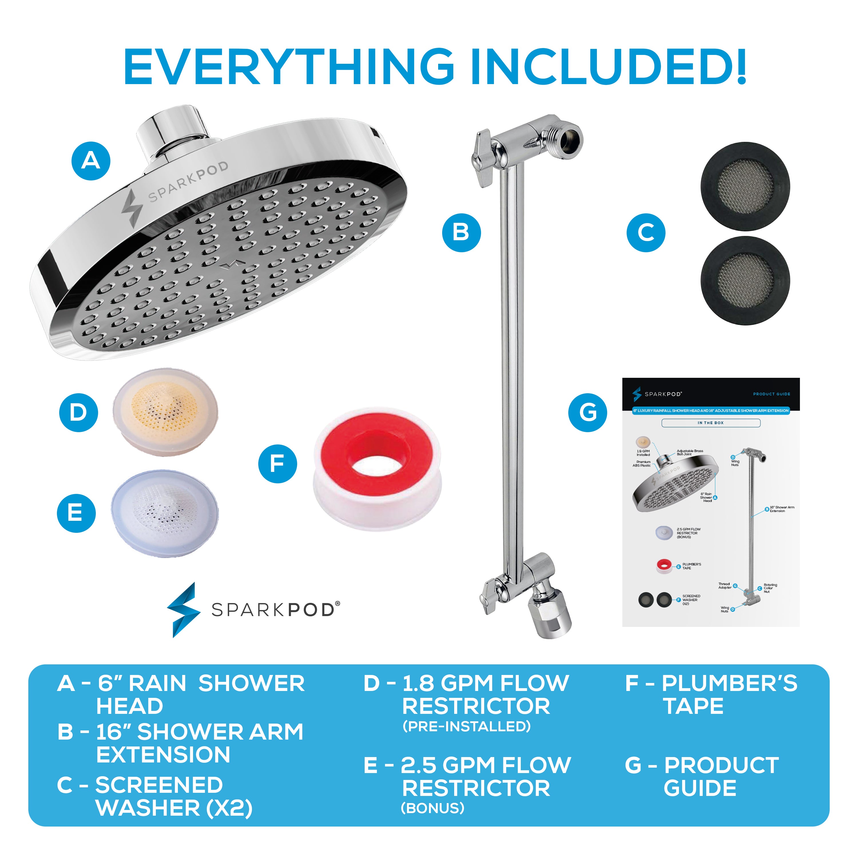6” Round Shower Head + 16” Shower Arm Extension