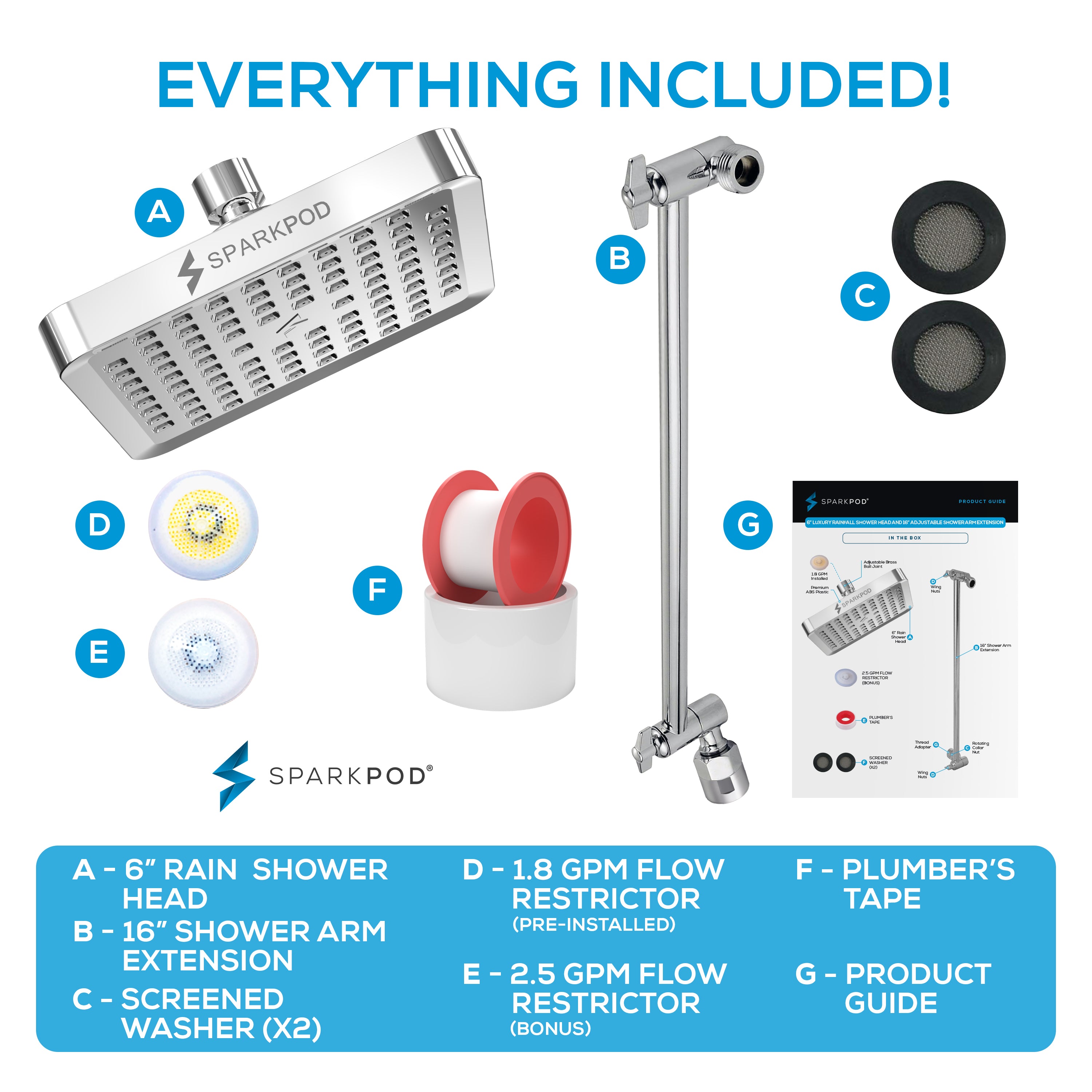 6” Square Rain Shower Head + 16” Shower Arm Extension