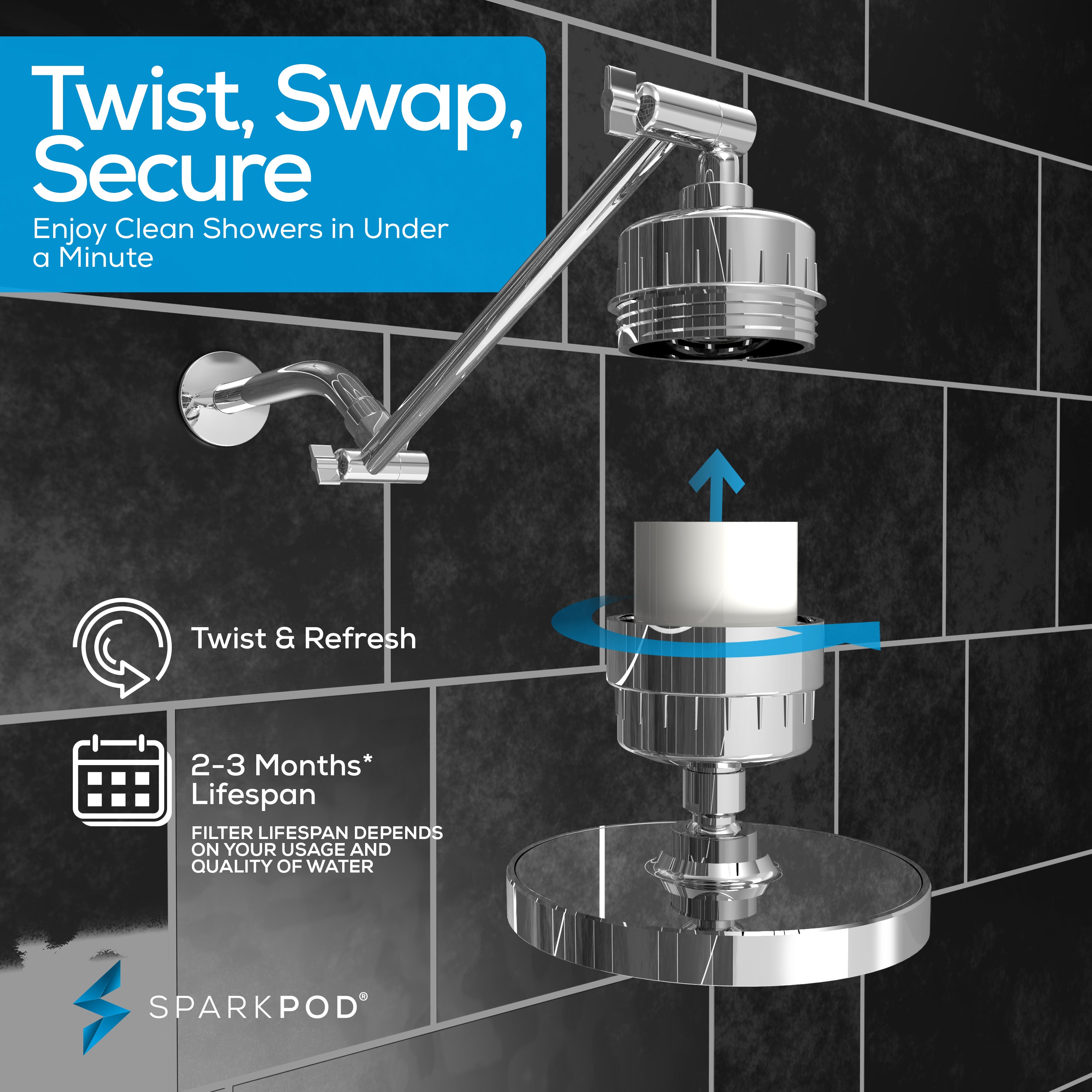 6” Round Rain Shower Head + High Output Filter + 11” Shower Arm Extension