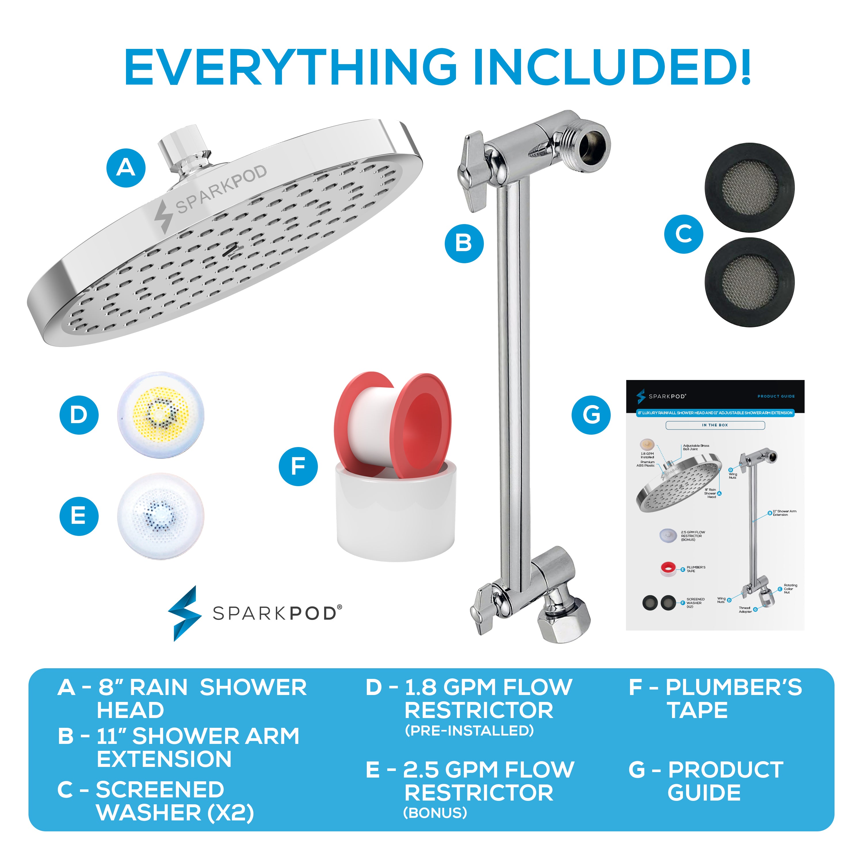 8” Round Rain Shower Head + 11” Shower Arm Extension