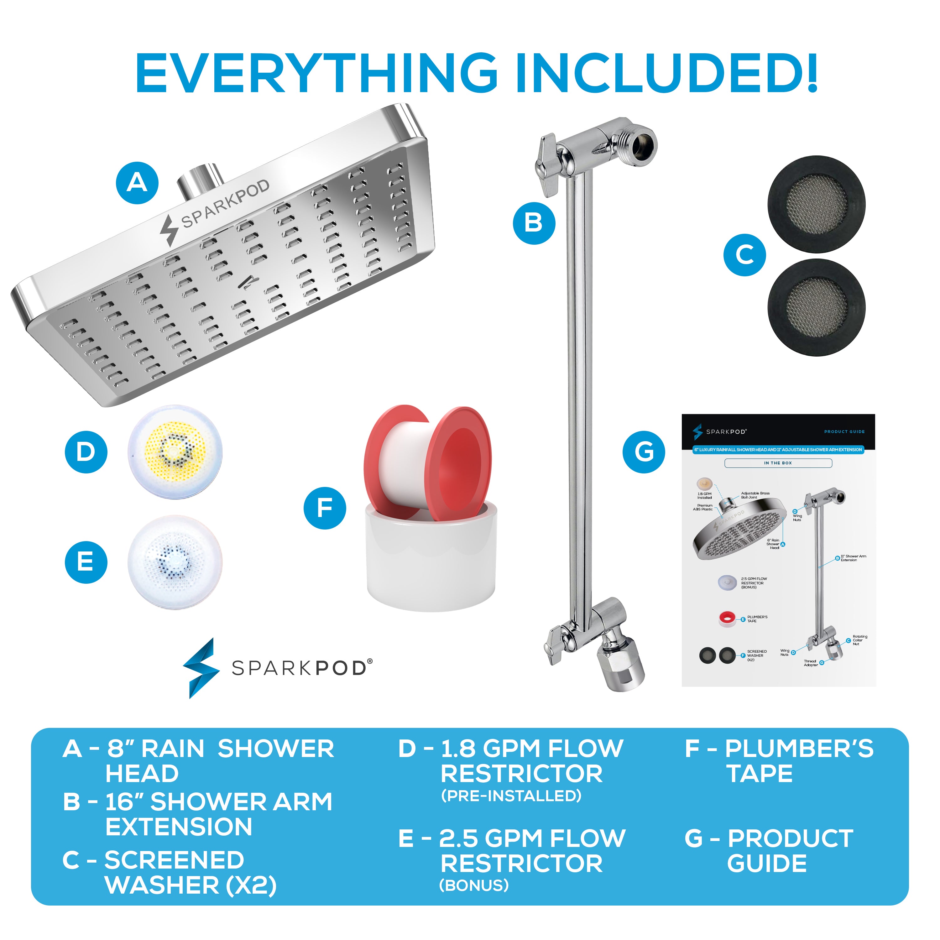 8” Square Rain  Shower Head + 16” Shower Arm Extension