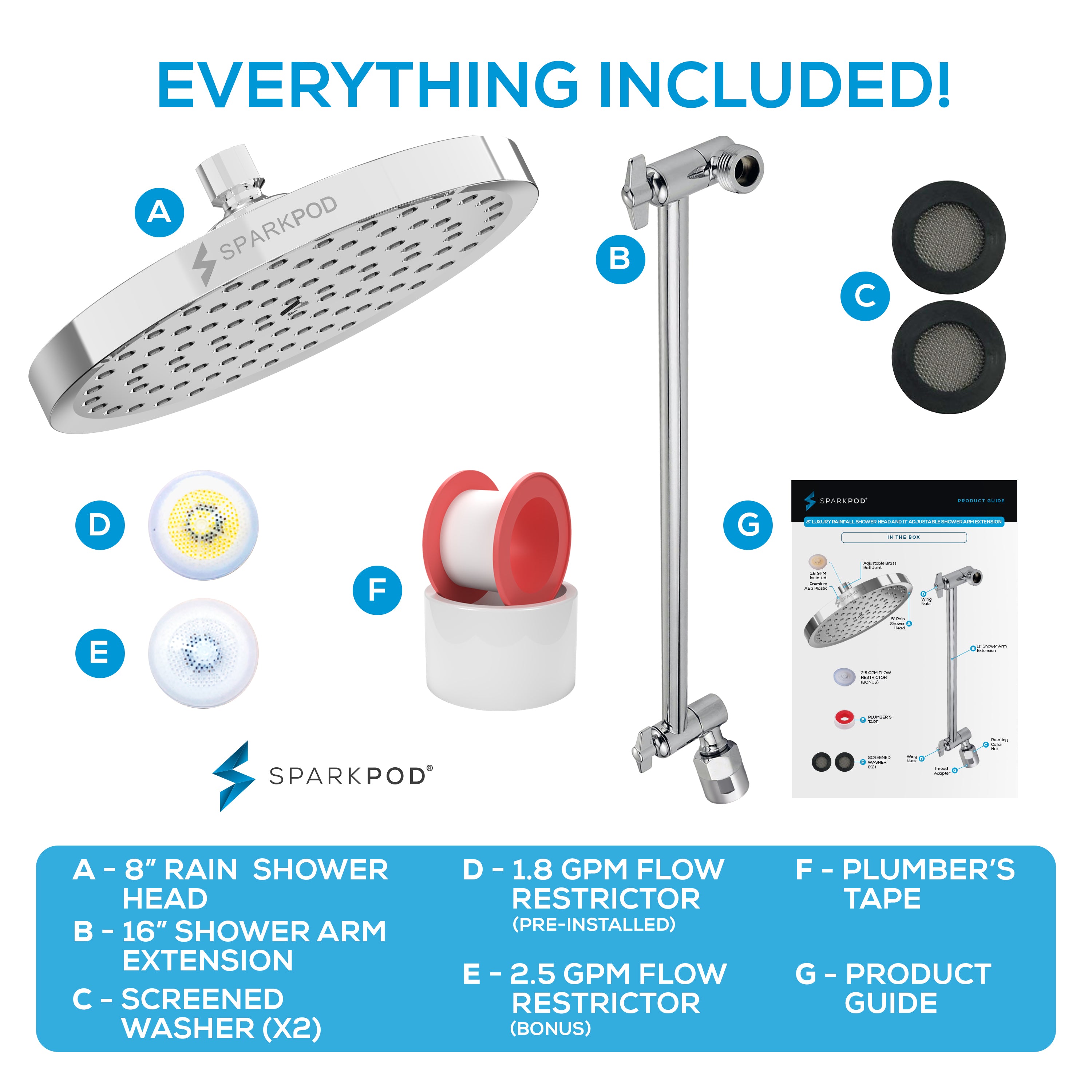 8” Round Rain Shower Head + 16” Shower Arm Extension
