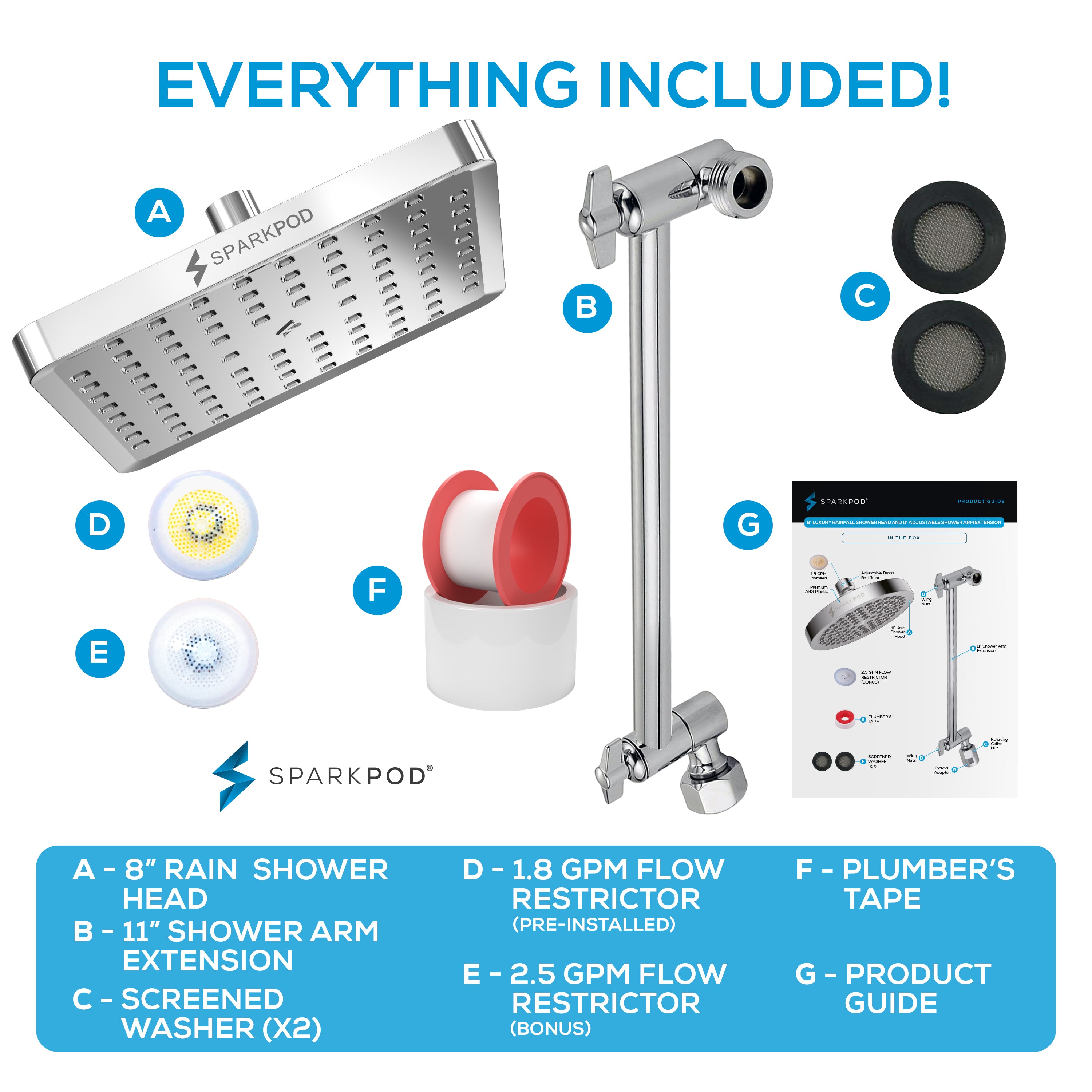 8” Square Rain Shower Head + 11” Shower Arm Extension