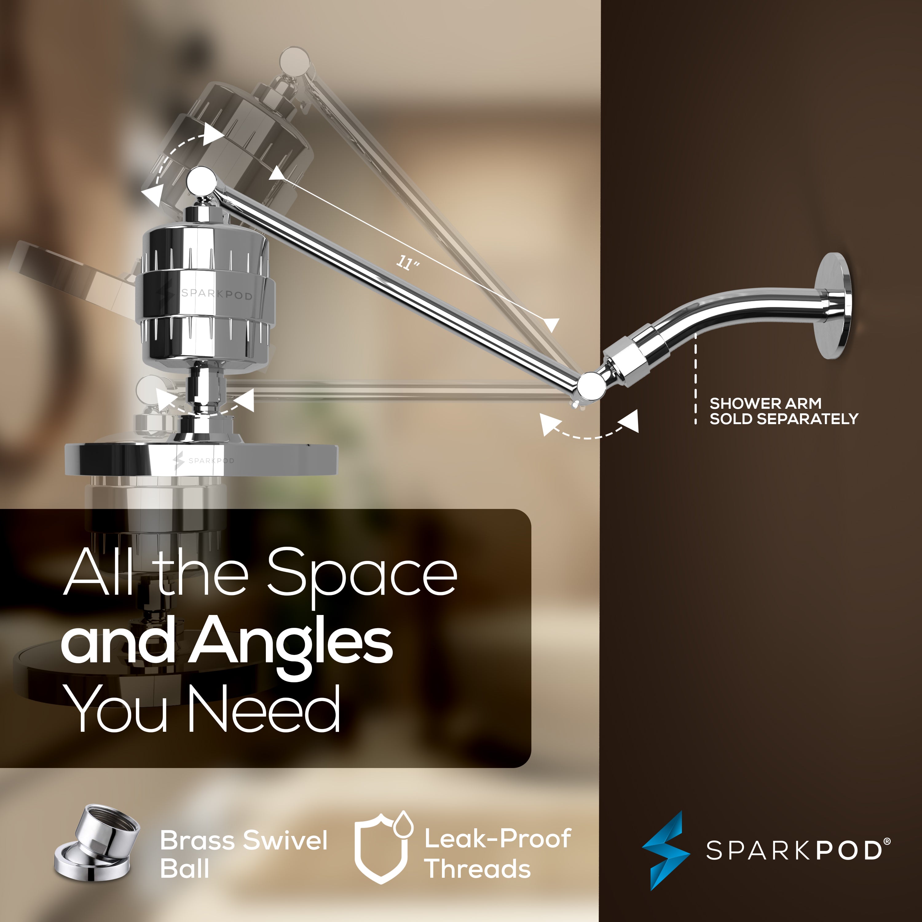 6” Round Rain Shower Head + High Output Filter + 11” Shower Arm Extension