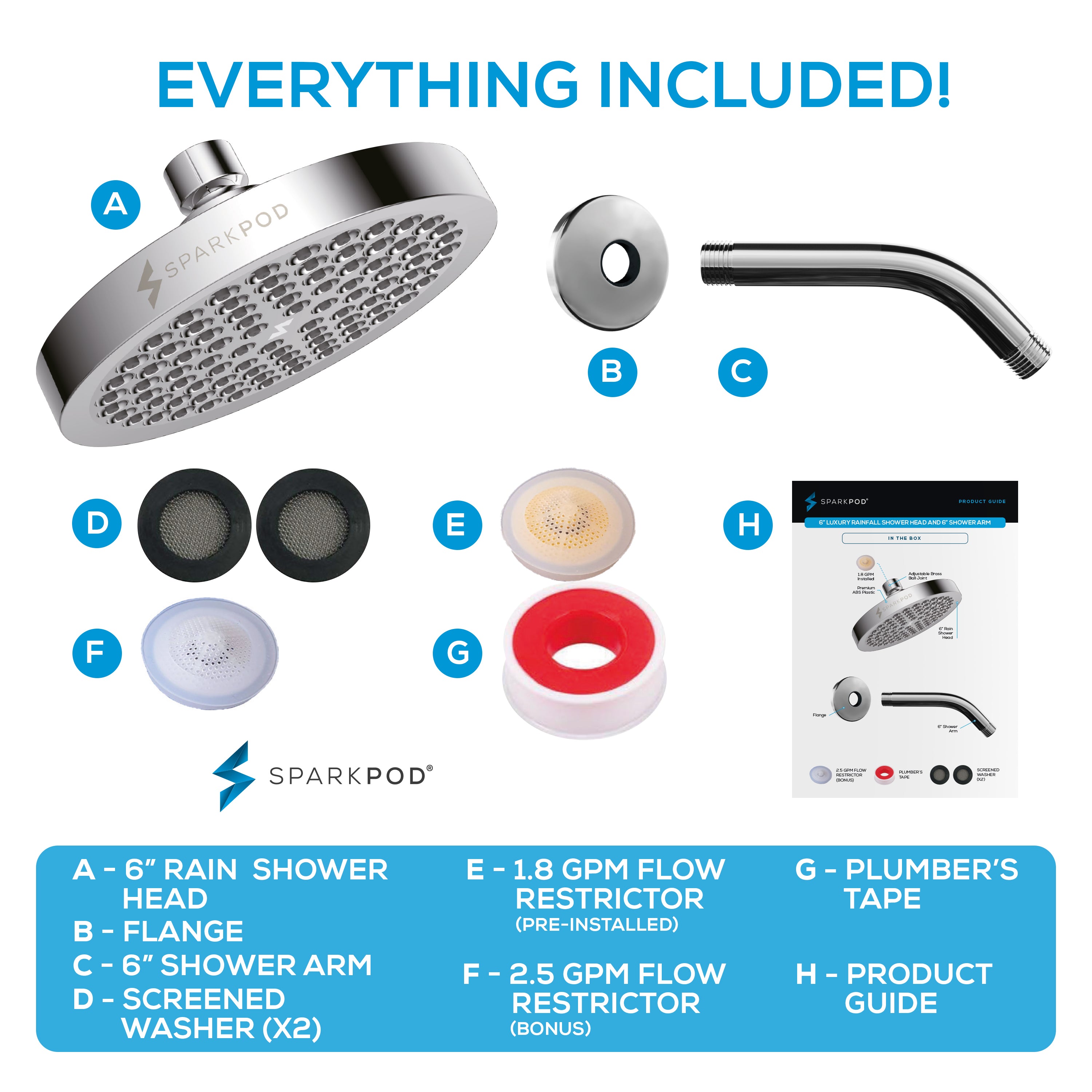 6" Round Rain Shower Head + 6" Shower Arm