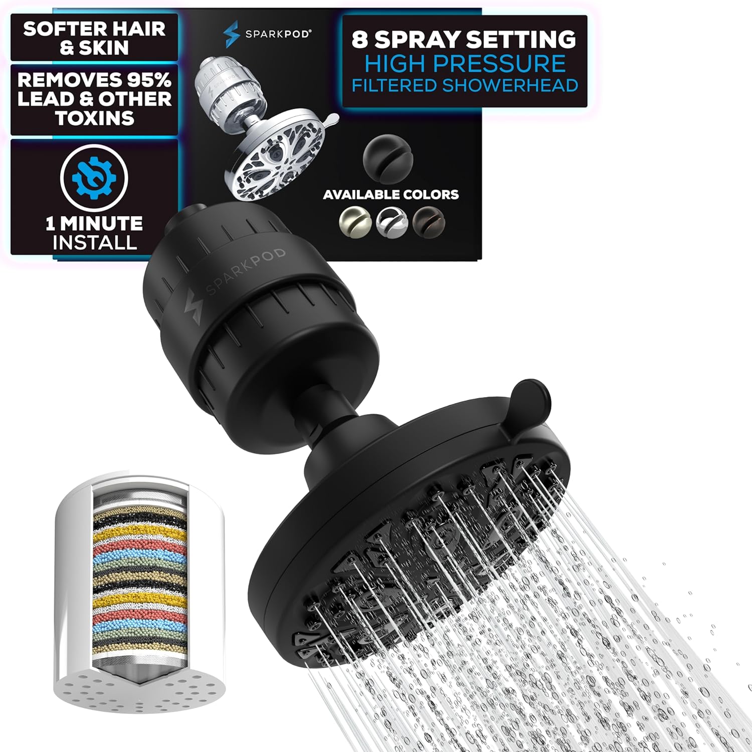 5" 8-Function Rain Shower Head + High Output Filter