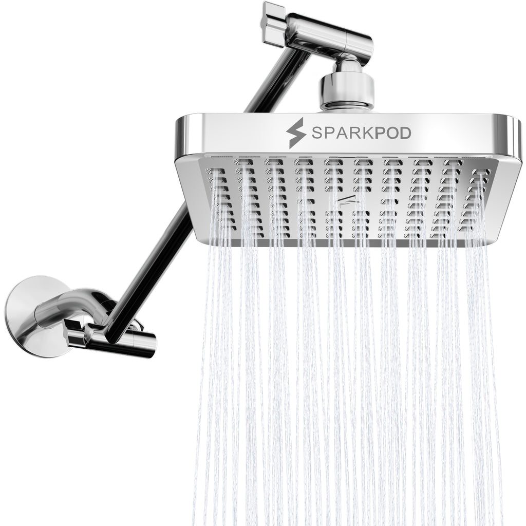 SparkPod 6 Inch Square Rain Shower Head with Shower Arm Extension (11" Shower Arm Extension, Chrome, Luxury Polished)