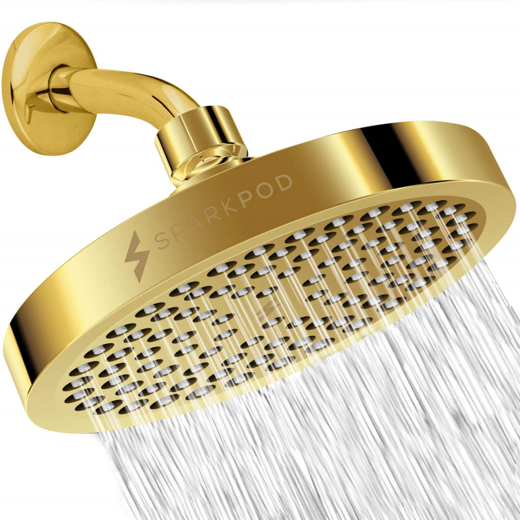 SparkPod Shower Head - High Pressure Rain - Luxury Modern Look - Tool-less 1-Min Installation - Gold, 6 Inch Round)