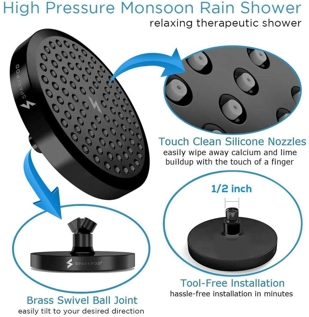 SparkPod Shower Head - High Pressure Rain - Premium Quality Luxury Design -  1-Min Install - Easy clean Adjustable Replacement fo