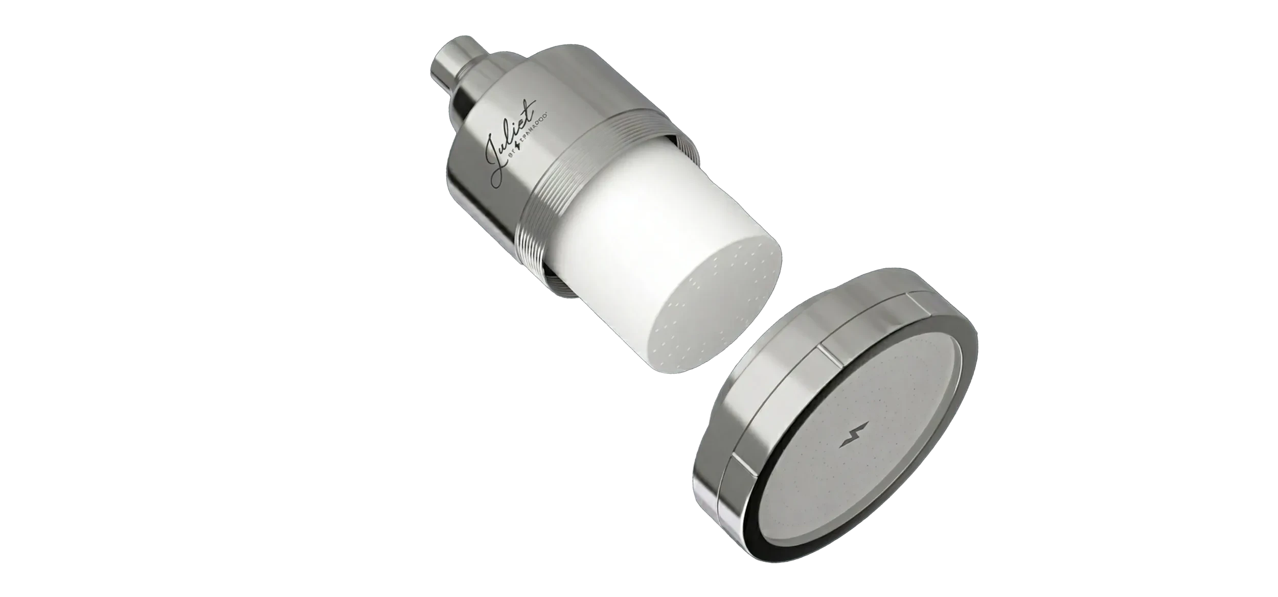 chrome Juliet shower head open to reveal filter inside